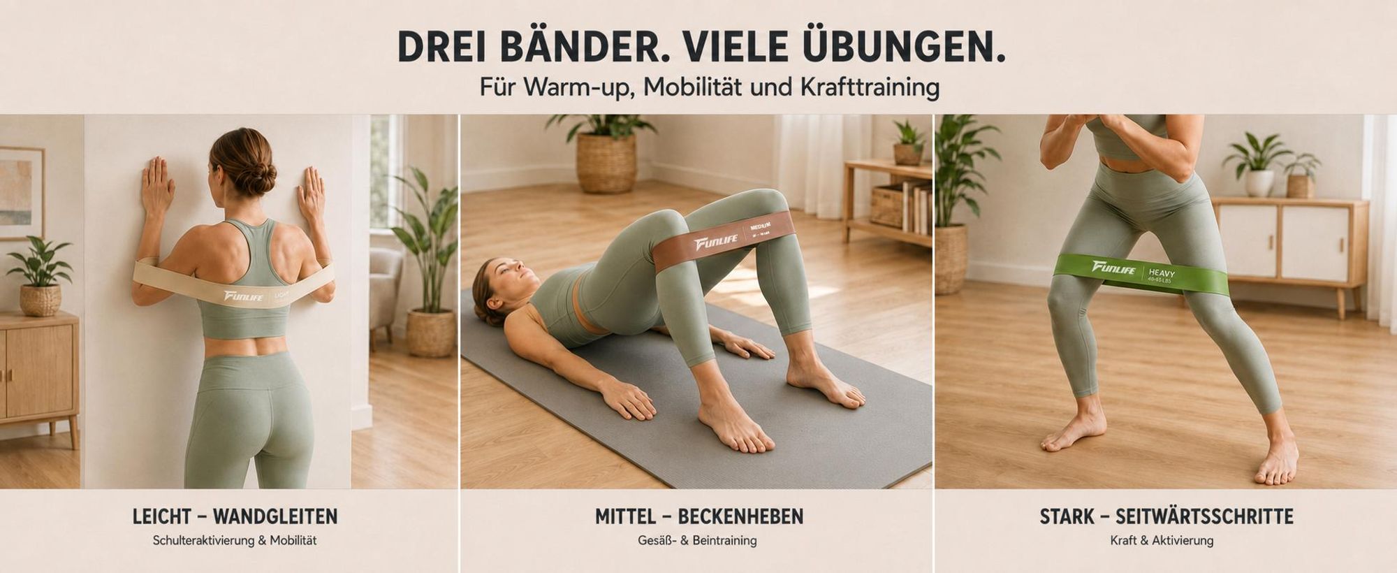 Drei FunLife Fitnessbänder für Aufwärmen, Mobilität, Bein-, Gesäß- und Krafttraining