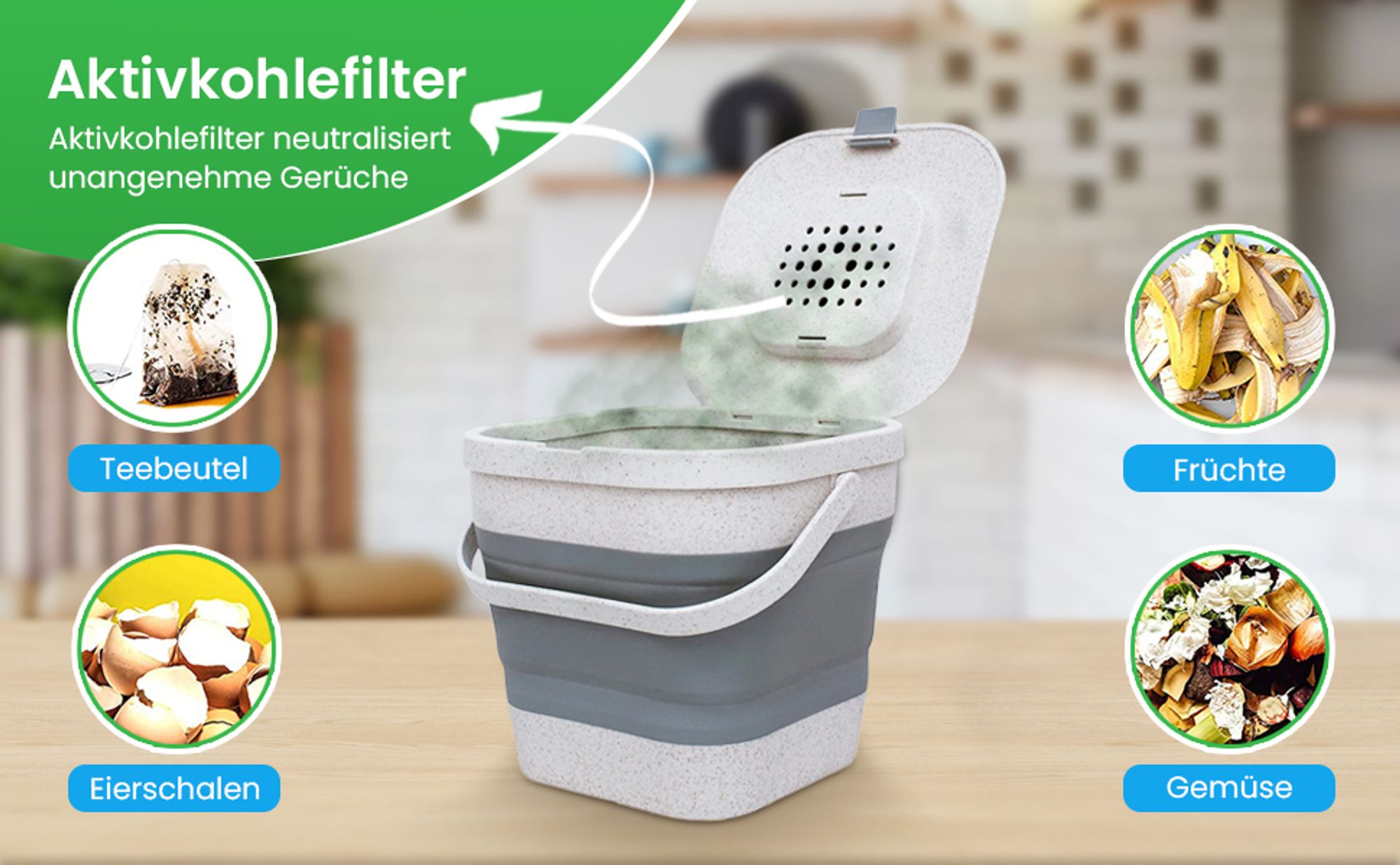 YourCasa® Biomülleimer Küche für Biomüll - Komposteimer Küche - FALTBAR Campingmülleimer - 4L Fassungsvermögen Schwarz