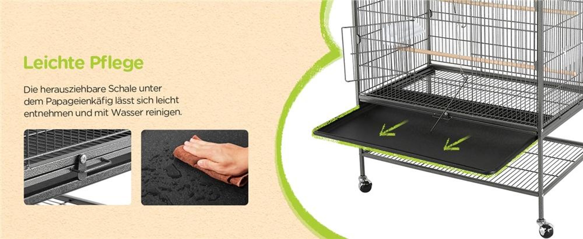 Yaheetech Vogelkäfig mit Ständer, Vogelvoliere mit 3 Holzstangen und 4 Futternäpfen, Wellensittich Käfig mit 4 Rollen, Voliere für Papageien, Schwarz
