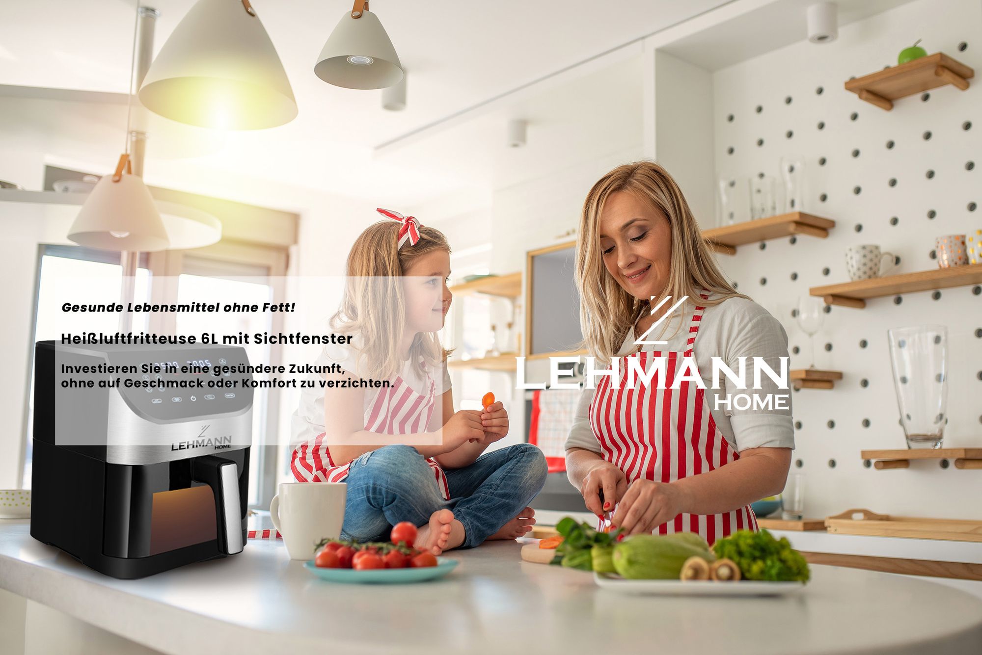 Lehmann 6L Heißluftfritteuse mit Sichtfenster, 1500 W Friteuse Heissluft mit 10 Programmen, ohne Öl, 76-200°C Airfryer, Timer und Touch-Display