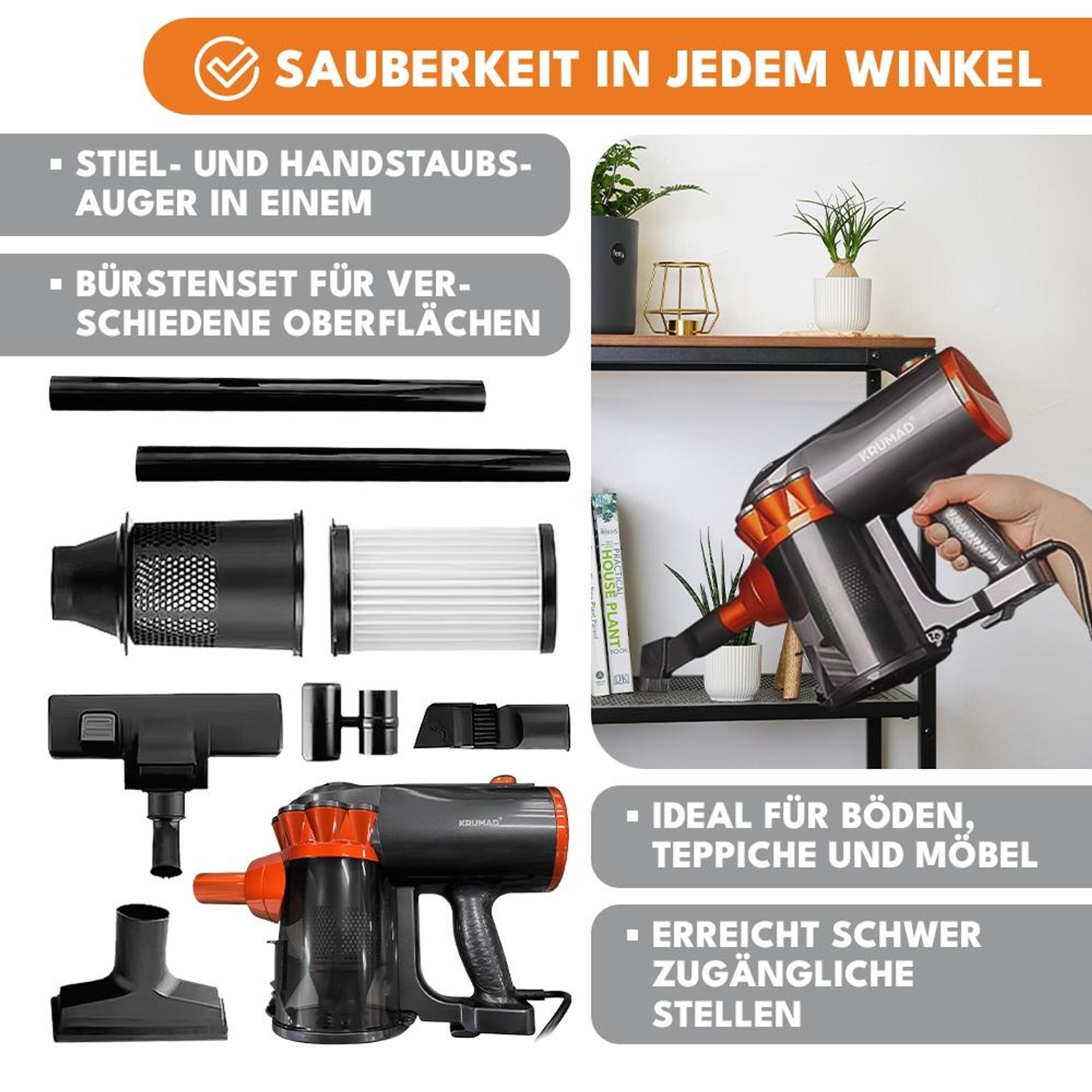 KRUMAD Staubsauger 600W - Beutelloser Bodenstaubsauger mit HEPA-Filter, 1,5L Behälter, 5m Kabel, Leichter & Leiser Handstaubsauger für Teppiche, Lamin