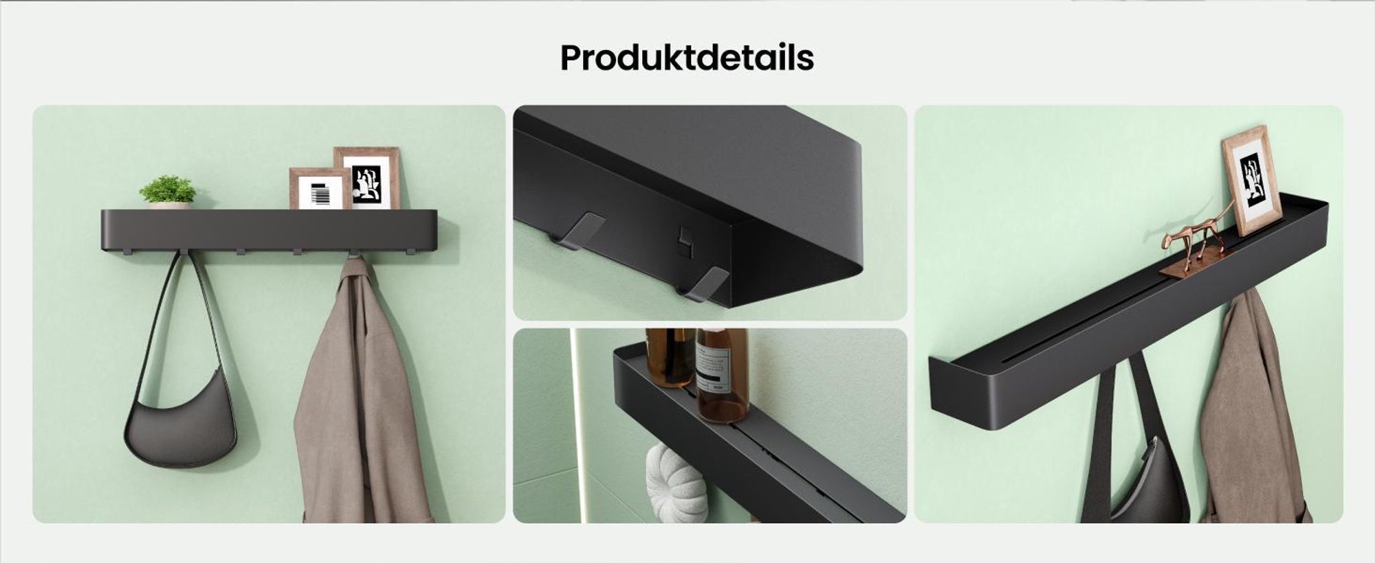 Mai & Mai Wandgarderobe mit Ablage und 4 Haken, Garderobenleiste 40 cm zur Wandmontage, Kleiderhaken für Flur, Badezimmer Sandschwarz Reglo-05