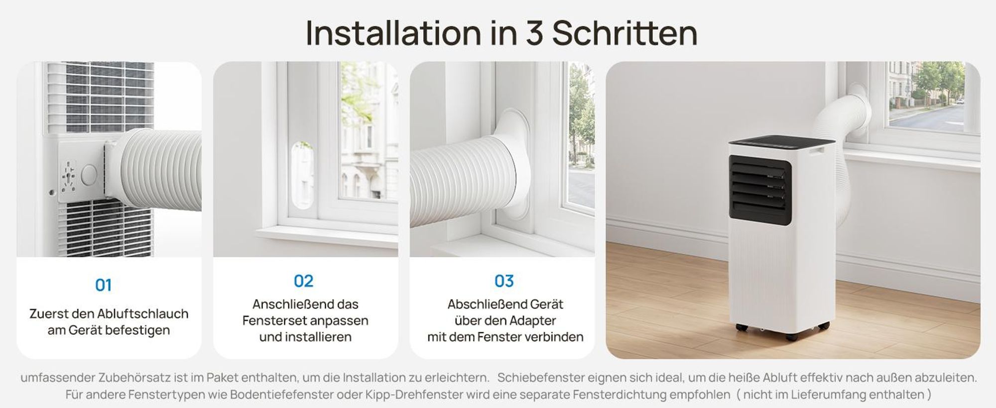 ZELURXX Mobile Klimaanlage 7000 BTU/h, 4 in 1 Klimagerät mit Abluftschlauch, LED-Display, Fernbedienung, 24H Timer, 2 Lüftungsstufen, Weiß
