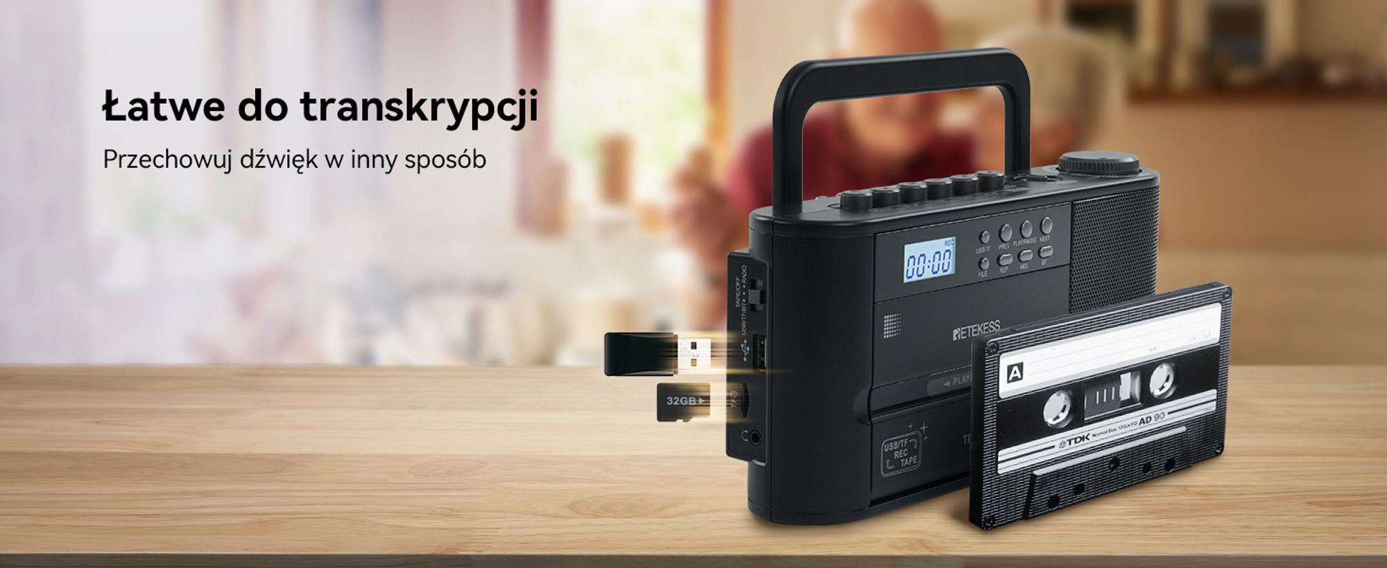 Odtwarzacz kasetowy Retekess TR641, magnetofon, radio FM AM, karta USB/TF, połączenie bezprzewodowe, zasilanie bateryjne lub sieciowe