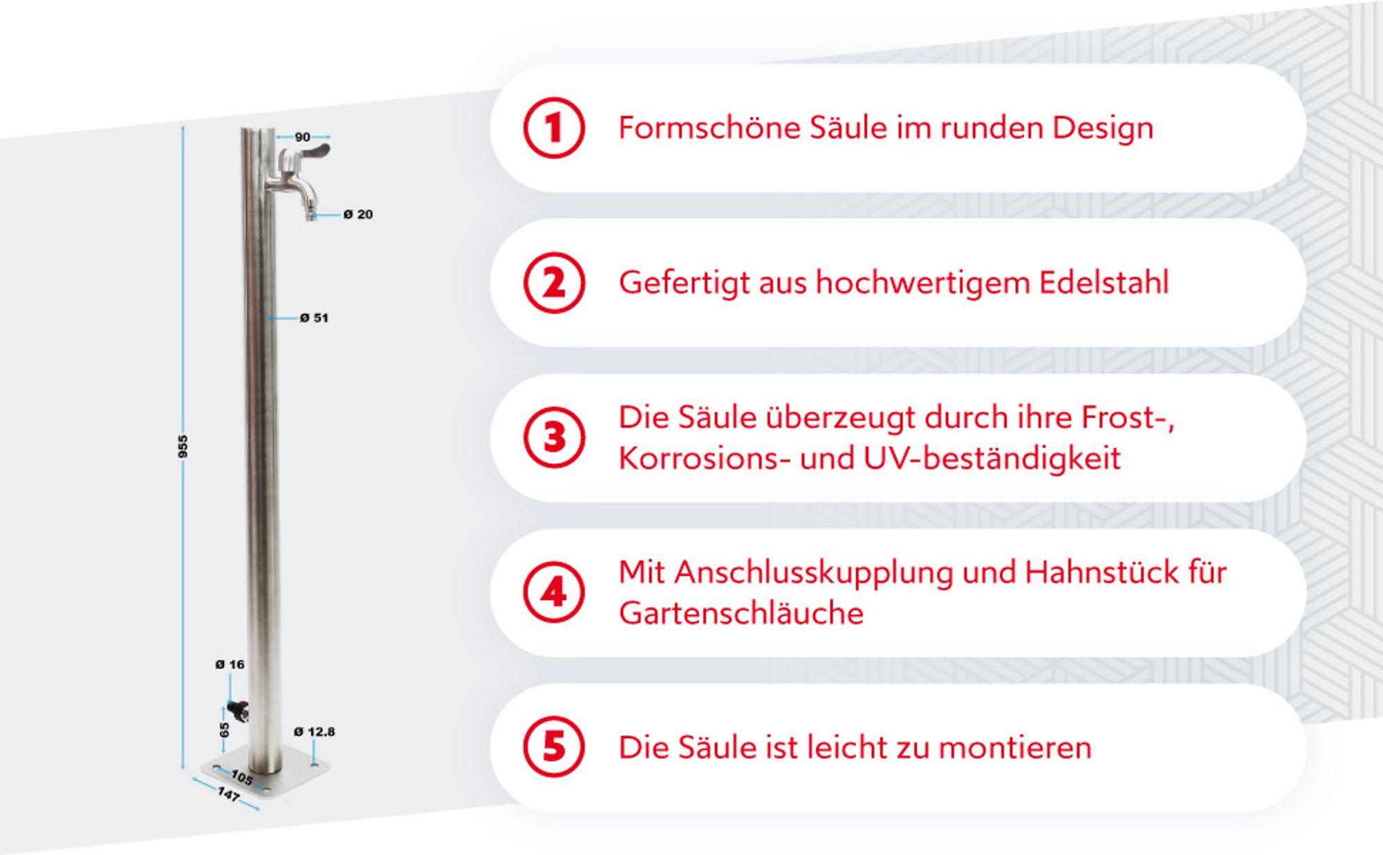 Wiltec runde Wasserzapfstelle aus Edelstahl 95,5 cm, Wassersäule mit Wasserhahn & Anschluss, UV- & frostbeständig