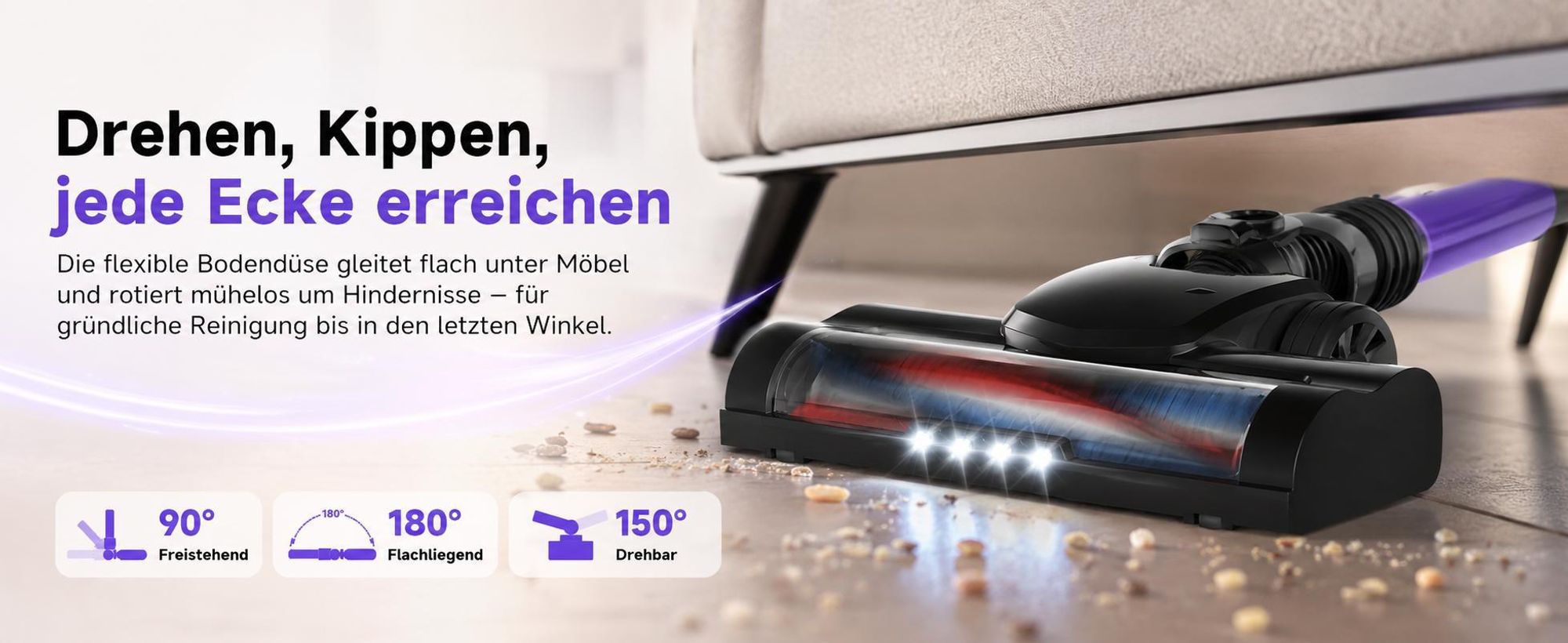 Akku Staubsauger, 500W/32000 Pa Staubsauger kabellos mit HEPA ,45 Min, kabelloser Staubsauger,Anti-Tangle-Staubsauger, Handstaubsauger für Tierhaare