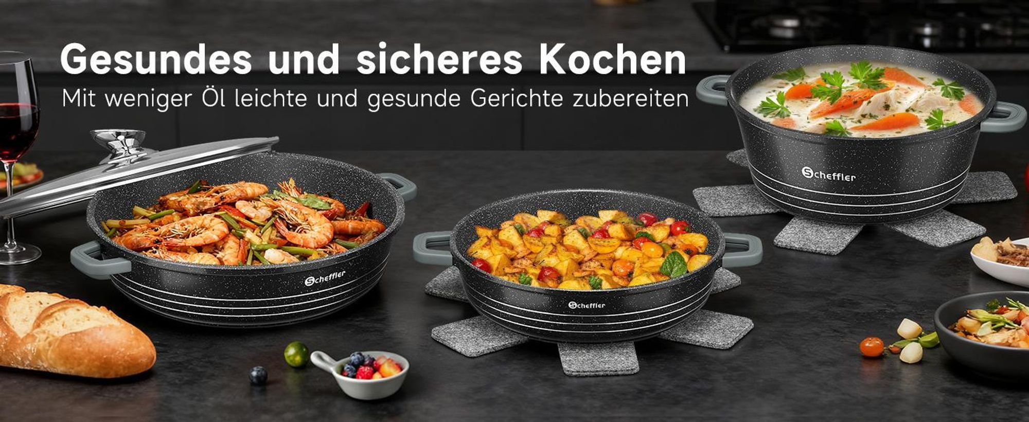 Scheffler Servierpfanne Induktion, 28 x 7,5 cm Schmorpfanne aus Aluminiumguss, Pfanne Bratpfanne mit Marmor-Antihaftbeschichtung, Glasdeckel
