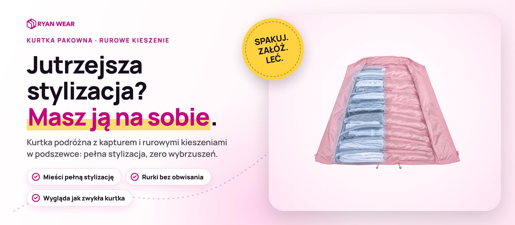 Kurtka pakowna Ryanwear: kurtka podróżna uni  z kapturem i rurowymi kieszeniami na ubrania