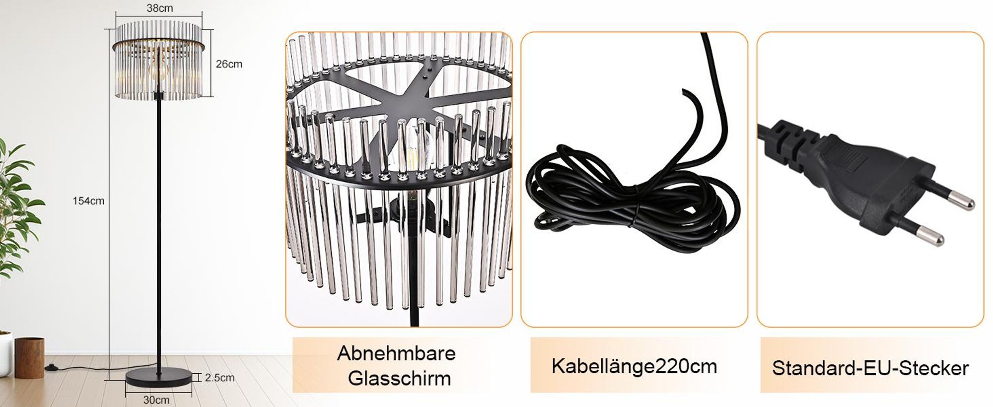 ZMH Stehlampe Schwarz Stehleuchte Glas Standleuchte Wohnzimmer E27 mit Fußtaster Leselampe Modern Wohnzimmerlampe Stehend für Büros(Ohne Leuchtmittel)