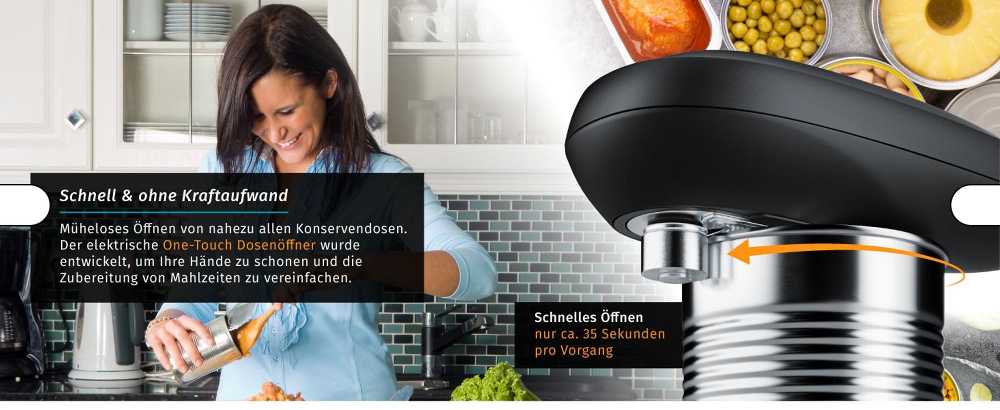 Arendo Elektrischer Dosenöffner, Deckelöffner, Büchsenöffner für alle Dosengrößen, automatische 360° Drehung, Öffnung ohne scharfe Kanten, Automatikstopp