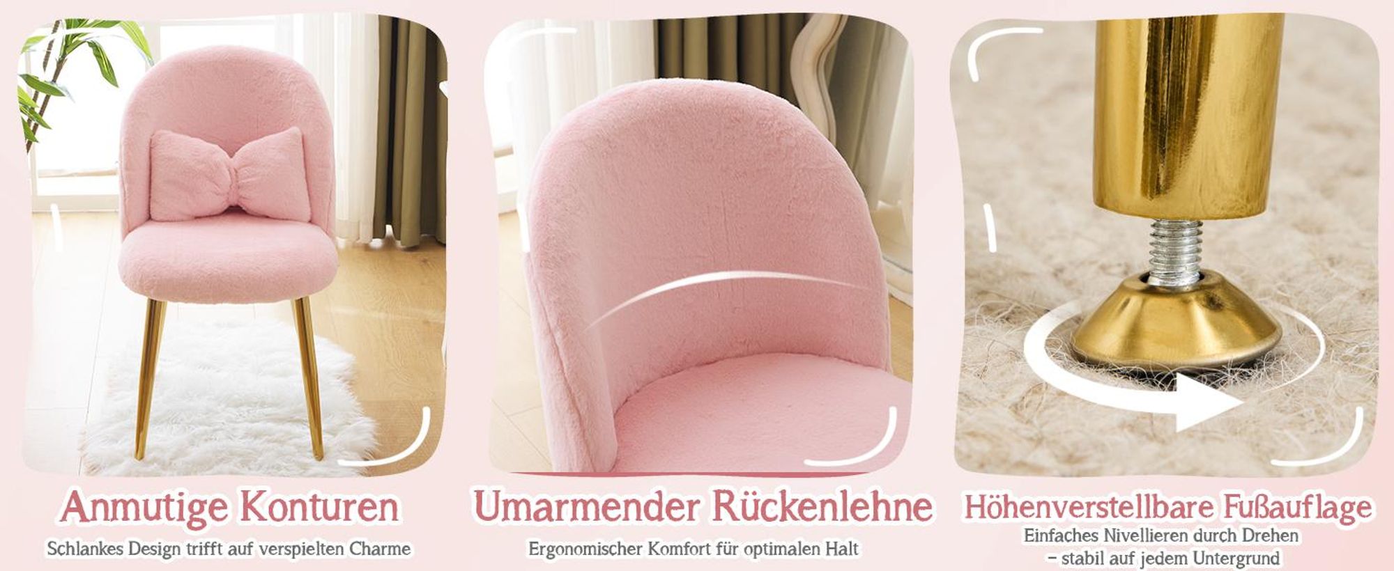 Alightup Esszimmerstuhl, Schminkstuhl, Schminktisch Stuhl, Homeoffice Stuhl,mit Verstellbaren Goldbeinen & Schleifenkissen,Plüsch, Rosa