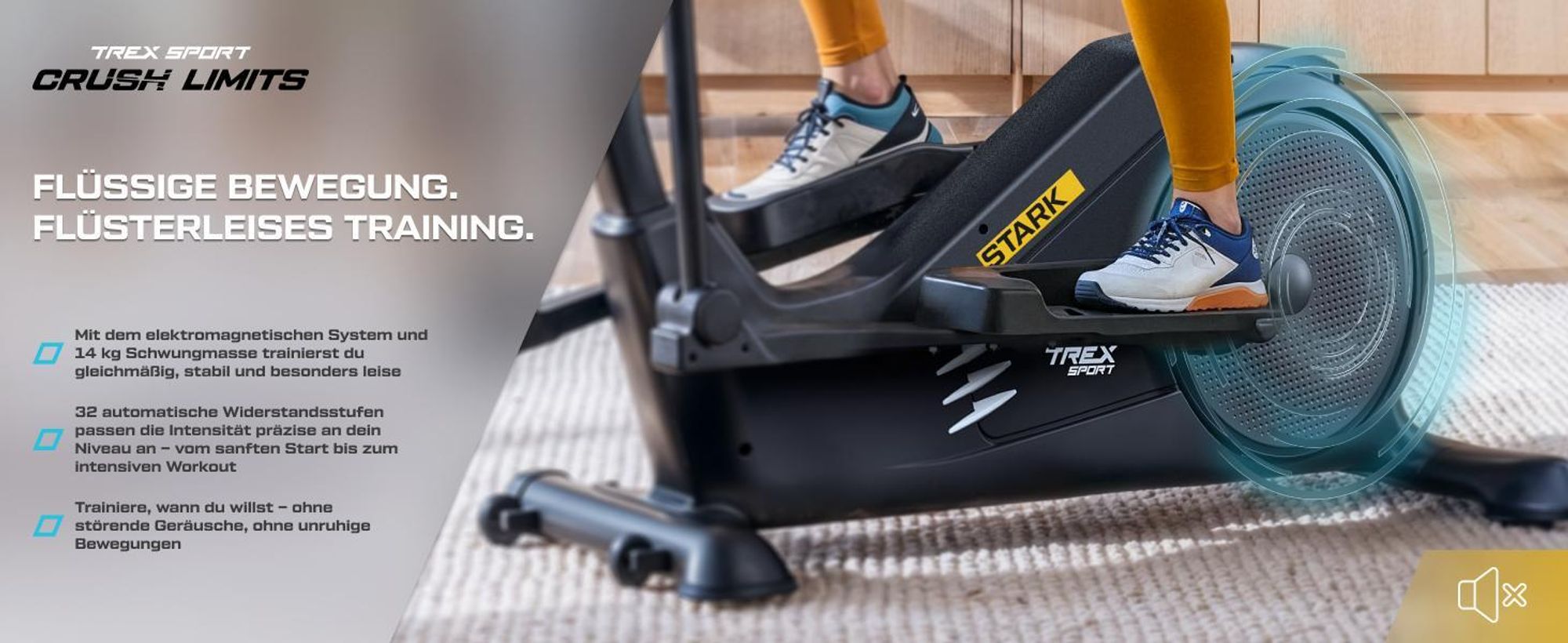 TREX SPORT Crosstrainer für zuhause TX-700ECT STARK | Ellipsentrainer, 32-stufiger Widerstand, Pulssensoren, Bluetooth | Trainingsprogramme, bis 135kg