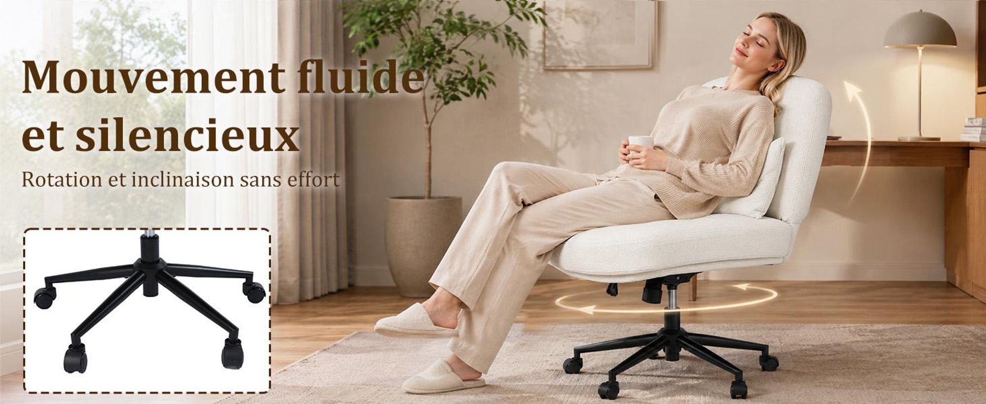 Chaise, pivotante, dossier réglable Chaise de Bureau Ergonomique Sans Roulettes, Pivotante avec Assise Large, Réglable en Hauteur, Coussin, Beige