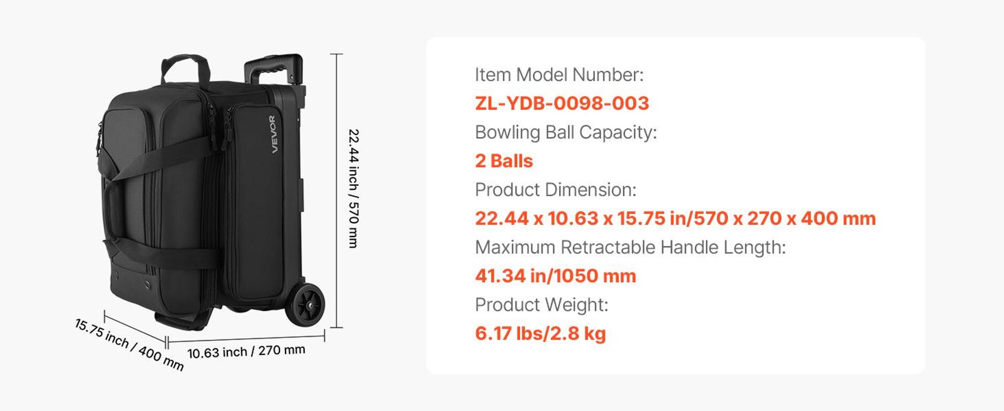 VEVOR Bowlingballtasche, 2-Ball-Doppelroller-Bowlingtasche mit Rädern, mit einem separaten Fach für Schuhe (bis US-Größe 16) und übergroßer Zubehörtasche, ausziehbarer Griff bis 1050 mm, Schwarz-2 Bälle