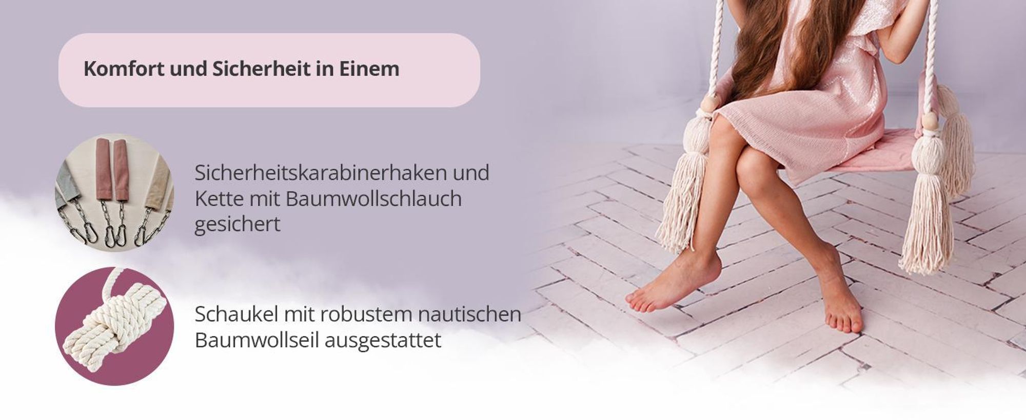 Create for you® - Holzschaukel für Kinder mit Baumwollseil, Kinderschaukel, Indoor-Sitz mit Weichem Material, Höhenverstellbar, Beige