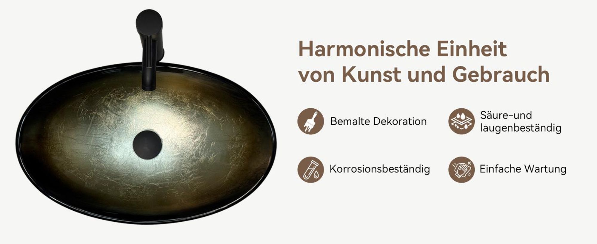 uluomis Waschbecken Glas Aufsatzwaschbecken Waschschale Oval mit Wasserhahn Ablaufgarnitur Schwarz hellgold