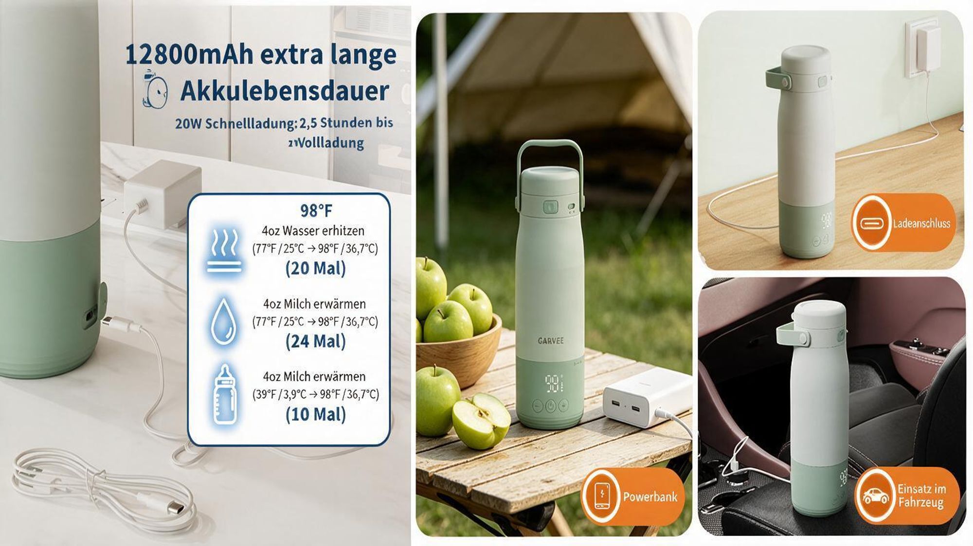 Tragbarer Babyflaschenwärmer für unterwegs, Flaschenwärmmit baby 500 ml 12800 mAh Akku, 2 Minuten bis 37°C, ±1°C LED Display, USB-C, IPX7