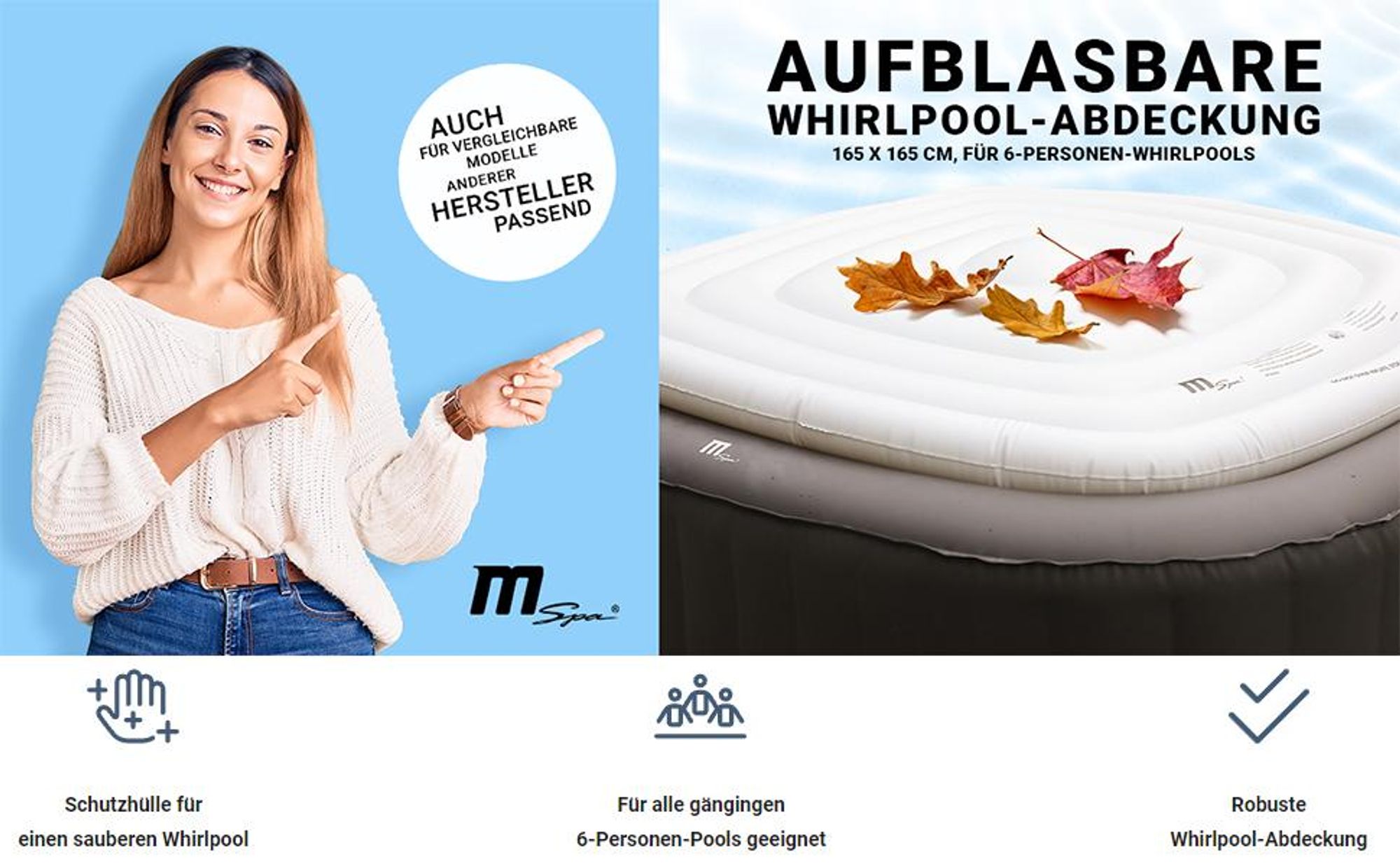 Miweba MSpa aufblasbare Whirlpool Abdeckung | 165cm x 165cm - Quadratisch - Pool Abdeckung - Isolierend - gegen Schmutz - Robust - Wärmespeicher