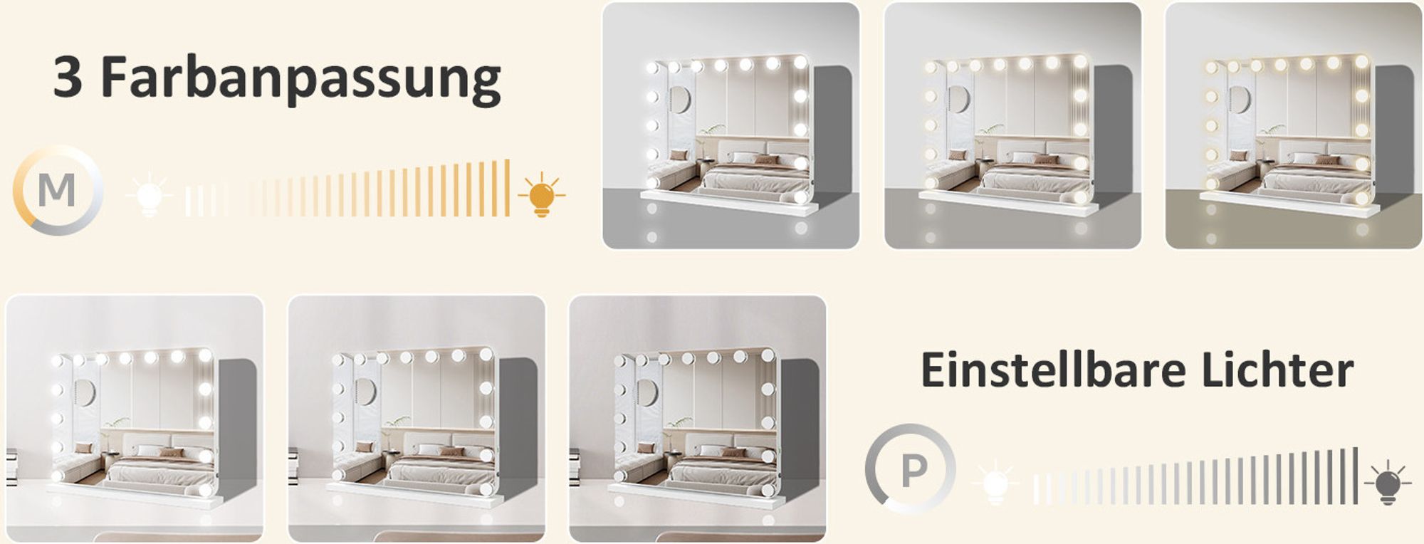 Puluomis Schminkspiegel Kosmetikspiegel 58x45cm Hollywood Spiegel Dimmbar mit 15 LED Beleuchtung 3 Farben, mit USB, 10x, Wandspiegel weiß, rund Ecke