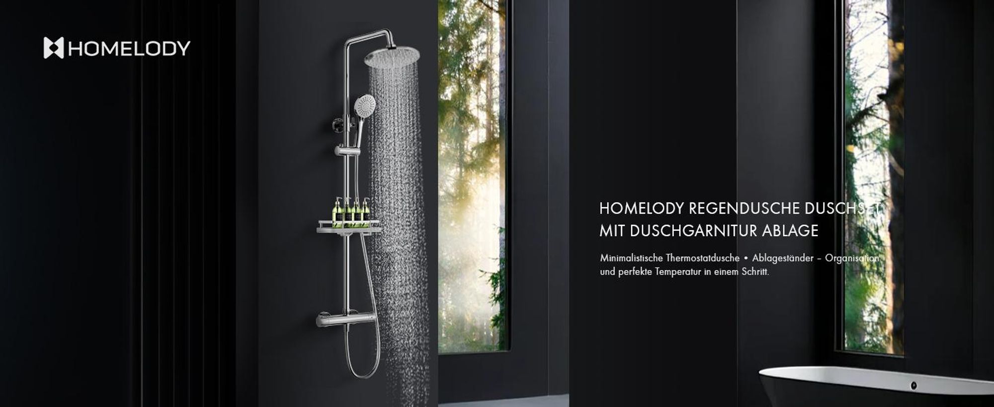 Duschsystem mit 38 °C Thermostat Edelstahl & Regal, Edelstahl Duscharmatur Set mit Handbrause & Kopfbrause, 3 Strahlarten, Höhenverstellbar, Chrom