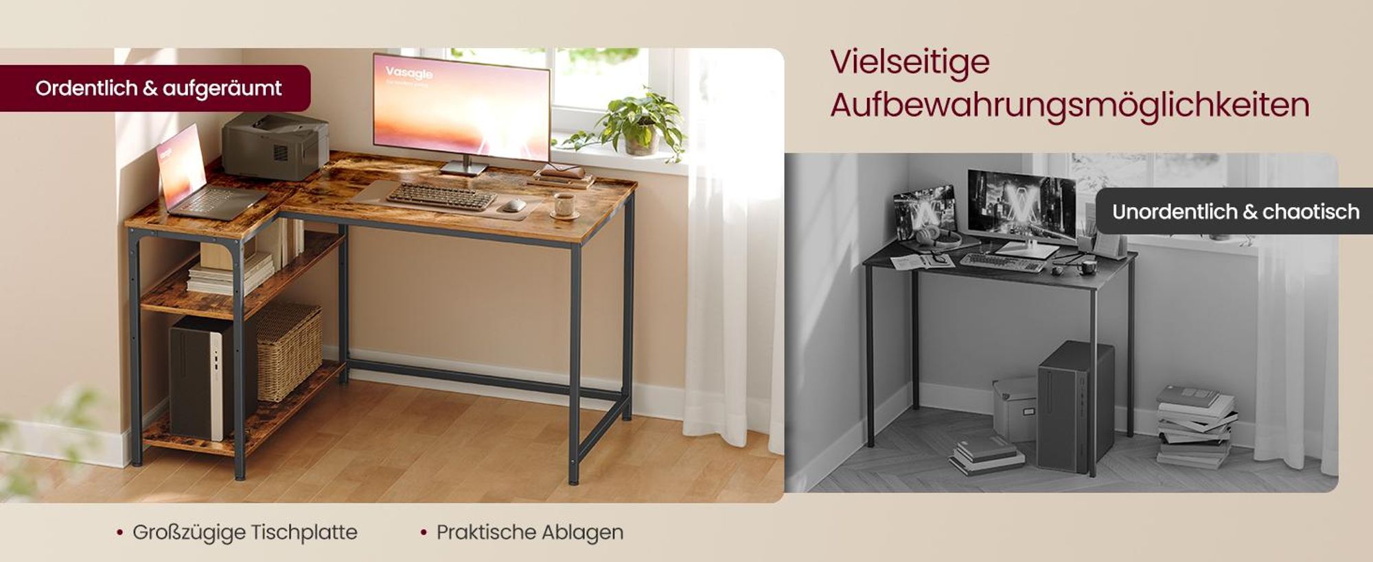 VASAGLE Schreibtisch mit Stauraum, L-Form Computertisch, höhenverstellbare Ablage, Büro, 110 x 80 cm, braun