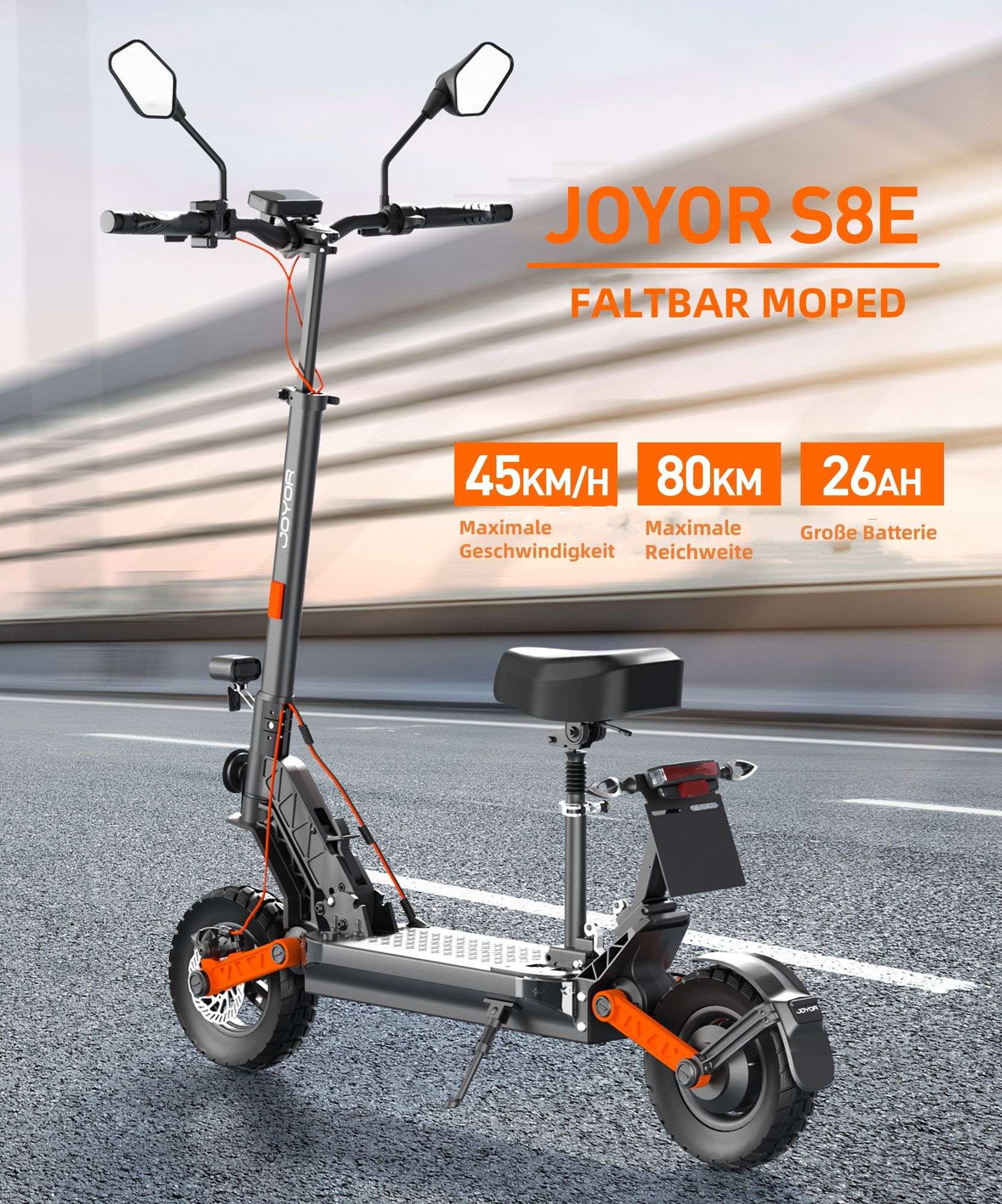 Elektroroller JOYOR S8E - 800W Motor 48V26AH Batterie 10" Reifen Klappbar - Schwarz