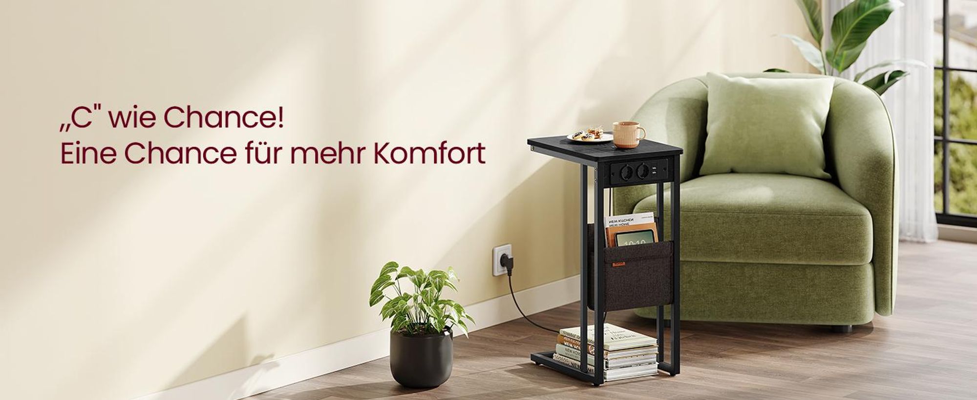 VASAGLE Beistelltisch mit Steckdosen, C Form für kleine Räume, 2 USB-Anschlüsse