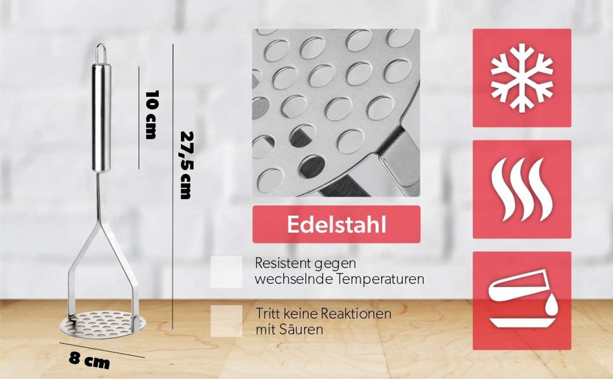 KADAX Kartoffelstampfer mit Lochplatte, Gemüsestampfer aus Edelstahl, Küchenstampfer mit ovalem Griff