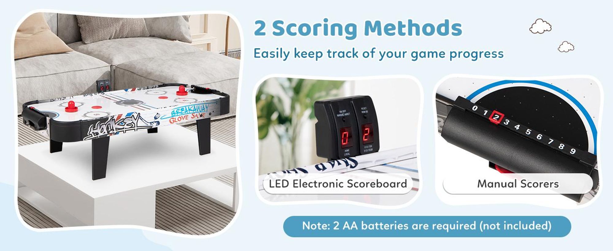 COSTWAY Airhockey Tisch, Airhockeytisch mit LED-Punktezähler, 2 Pucks, 2 Griffe & 2 Ziele, Lufthockey, Eishockey, Tischhockey, 106,5 x 53,5 x 30,5 cm