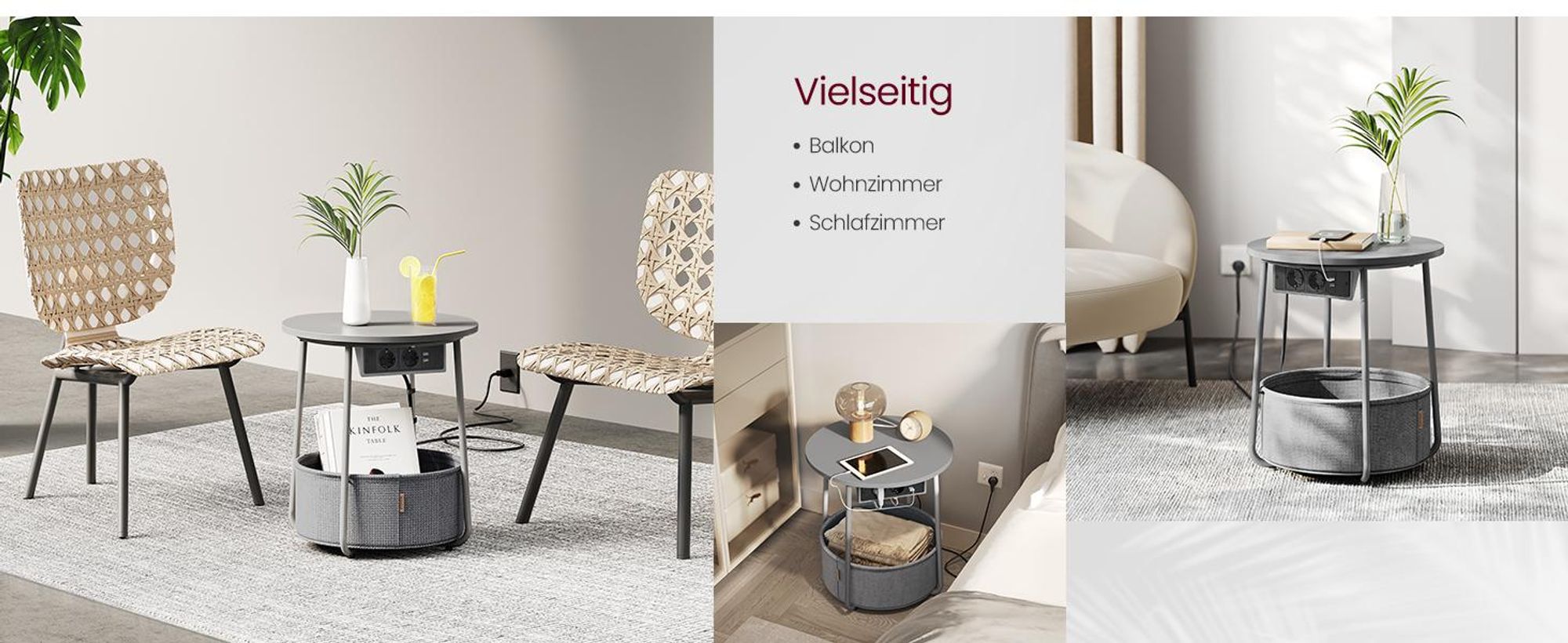 VASAGLE Beistelltisch rund, mit Steckdose, USB-Anschlüsse, Ø45 cm, taubengrau-schiefergrau