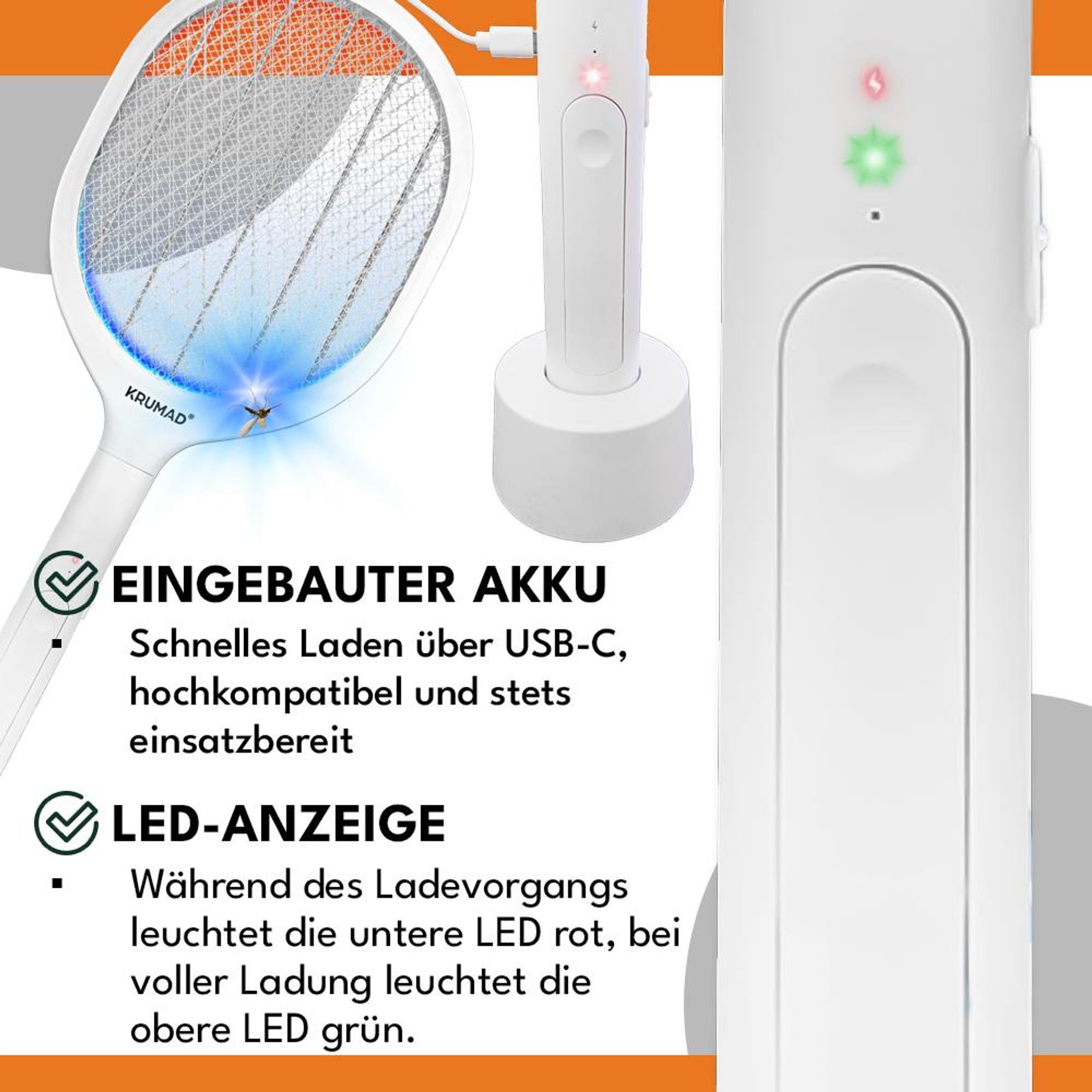 KRUMAD Elektrische Fliegenklatsche 2-in-1 – USB-C aufladbar, LED, 3-lagiges Schutznetz & Standfuß – Insektenvernichter gegen Mücken, Fliegen & Wespen