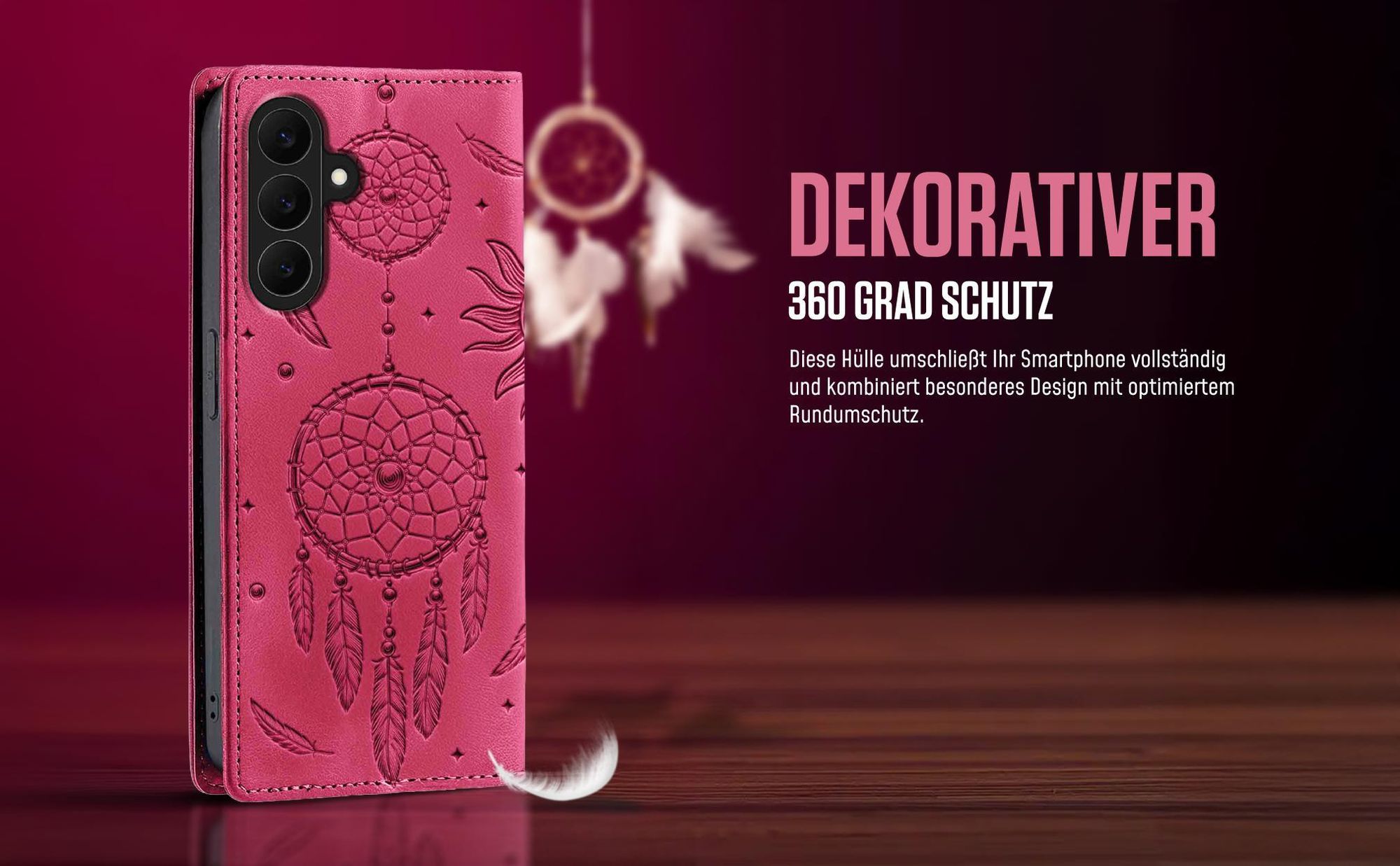 Dream Catcher Design Flipcase in Magenta für Samsung Galaxy S26 mit 360 Grad Schutz
