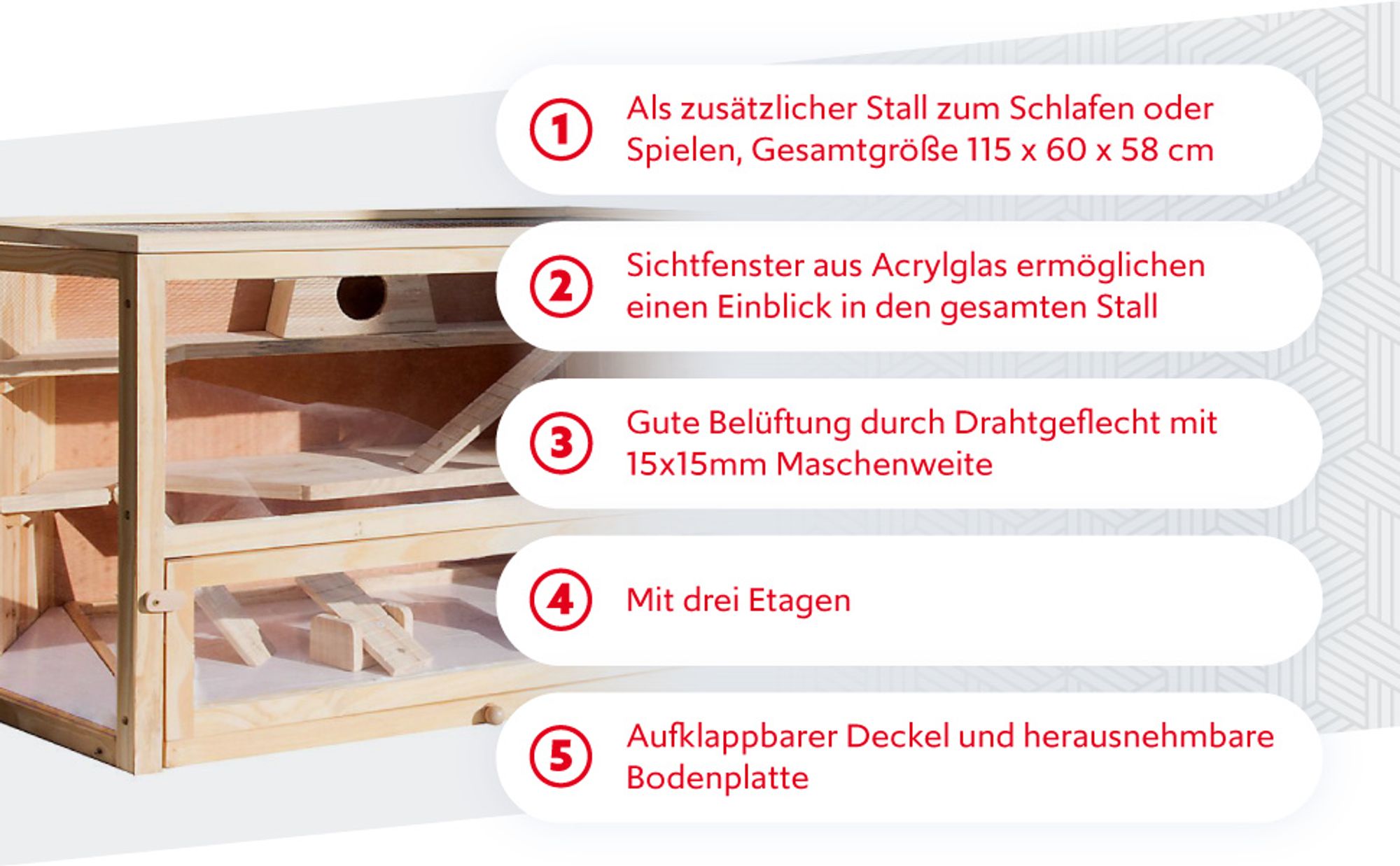 Wiltec XXL 3 Etagen Nagerkäfig, 6-eckig, 1150 x 600 x 580 mm, aus Holz, mit klappbarem Deckel & Sichtfenster, Kleintierhaus Mäusekäfig Hamsterkäfig
