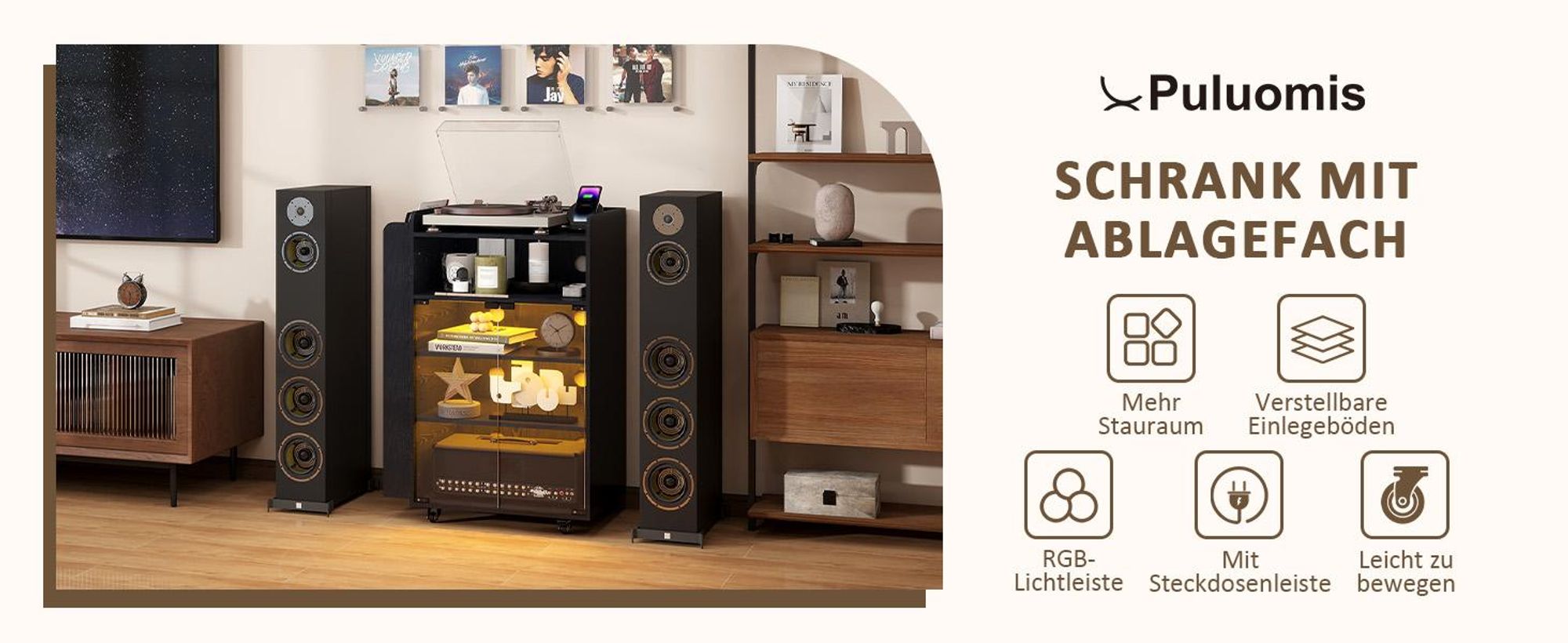 Puluomis Schallplattenschrank mit LED RGB Beleuchtung, Steckdosenleiste, Wohnzimmerschrank mit Rollen, Magnetdruckverschlüsse, Verstellbare Böden