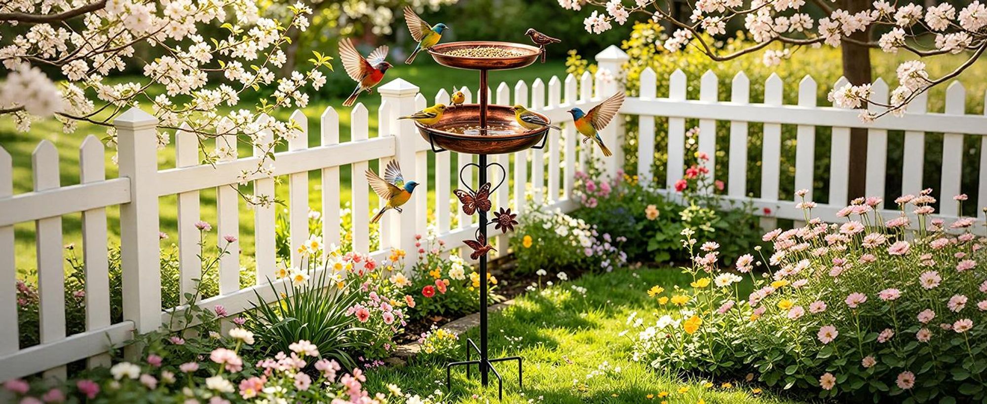 WISFOR Vogeltränke auf Stab, Vogelbad aus Metall, Futterstelle, Gartenstab, Gartenstecker, Gartendekoration