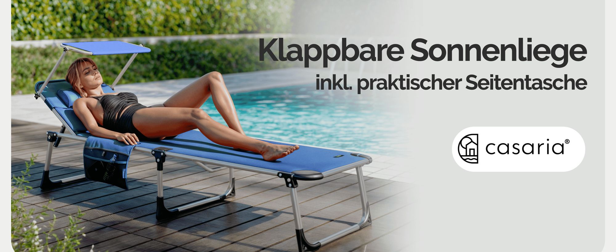 CASARIA® Sonnenliege Klappbar 180kg Belastbar Seitentasche Abnehmbar Wetterfest Gartenliege mit Dach Kopfkissen Leicht Alu Liegestuhl Strandliege Blau