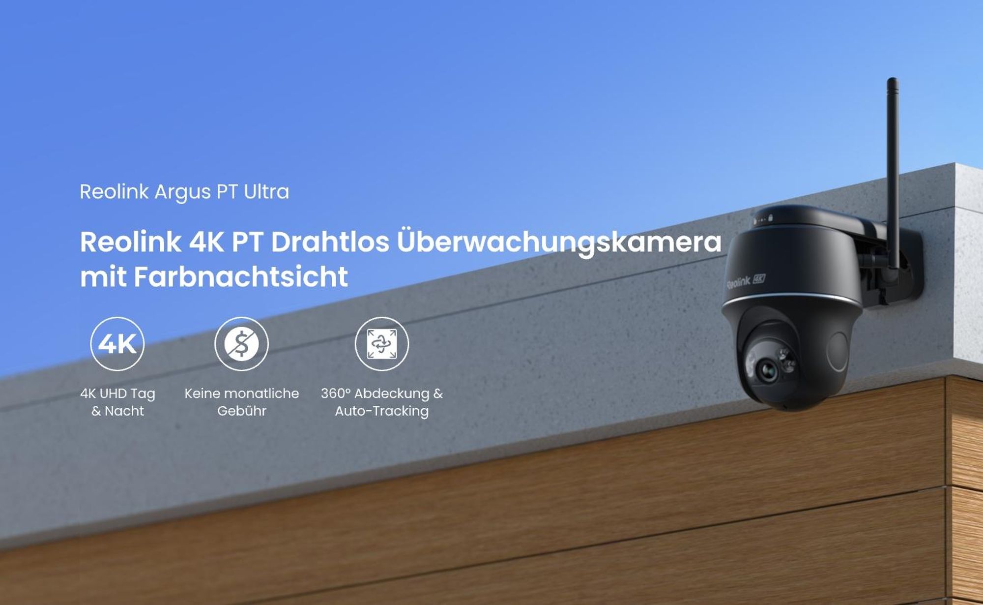 Reolink Argus PT Ultra + Solarpanel, 4K 8MP Akku Überwachungskamera Aussen, 2,4/5GHz WiFi, Auto-Tracking, Farbnachtsicht, Smarte Erkennung, Schwarz