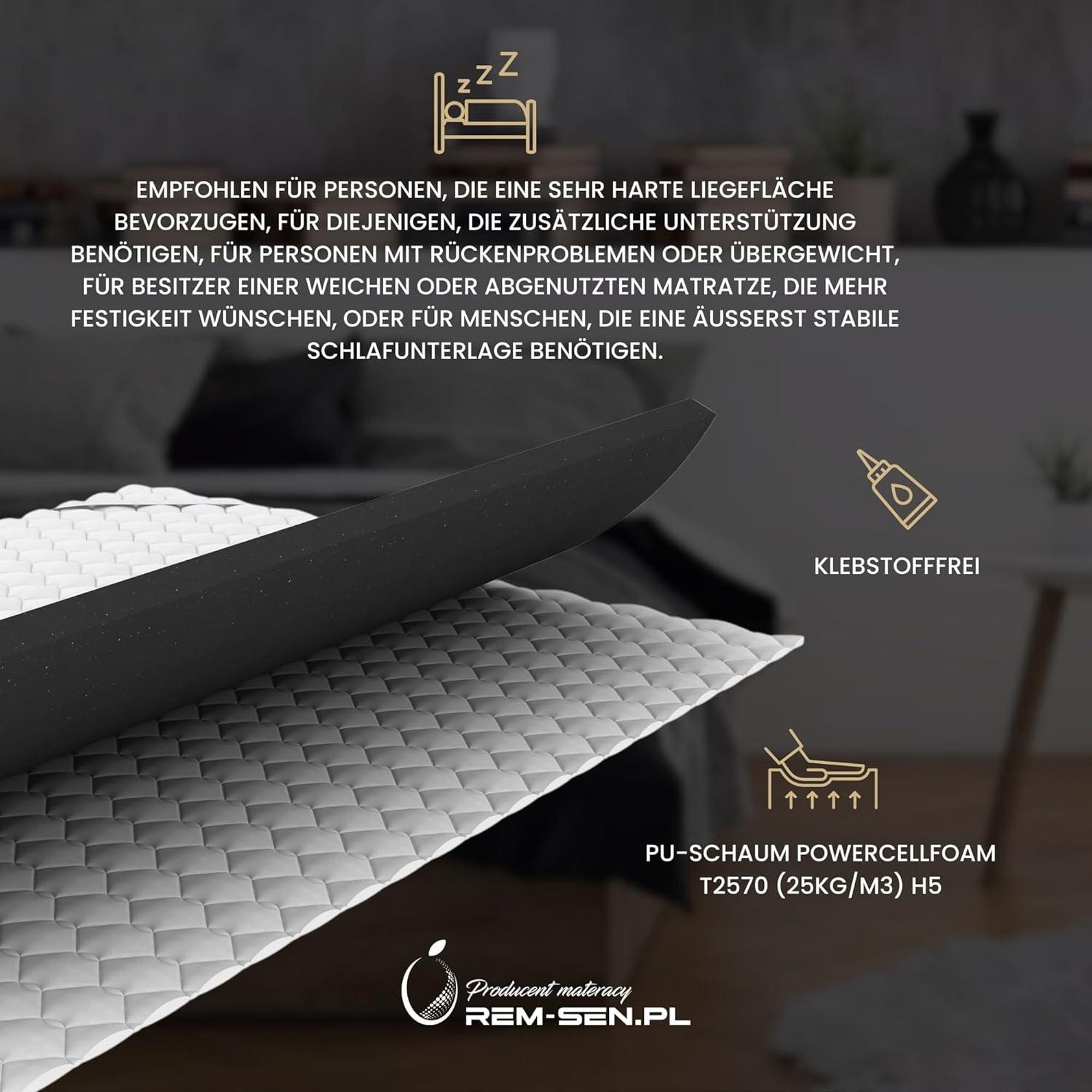 REM-Sen Matratzen Topper Matratzentopper 180x200cm Höhe 6cm Härtegrad 5 (H5) Mattress Topper aus sehr hart Polyurethanschaum, Dreilagige Membranhülle Für Sofa oder jeden Platz,