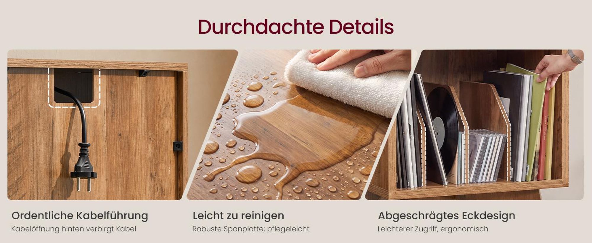 VASAGLE Plattenspielerständer für 160 Schallplatten Beistelltisch Mid-Century Modern 48 x 40 x 80 cm Tan