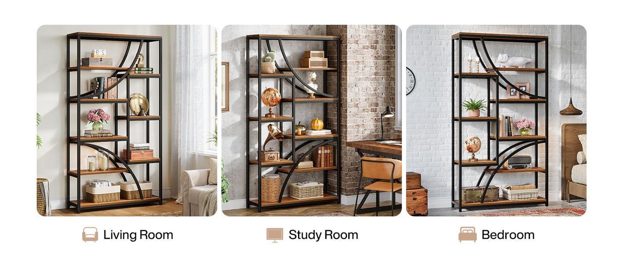 Tribesigns Libreria alta a 8 livelli, 180 cm, libreria vintage con ripiani aperti, robusto scaffale espositivo con struttura in metallo per il soggiorno
