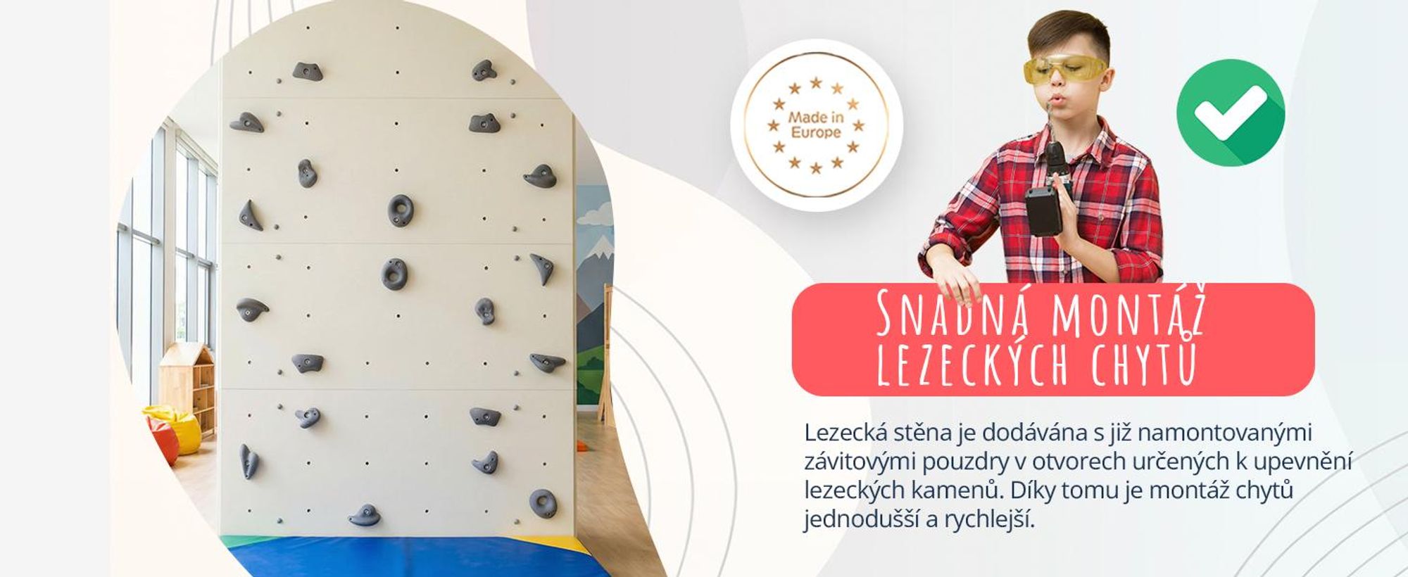 Create for you® – Lezecká stěna, 100x50 cm, 5 šedých úchytů, Domácí Lezení, Fitness Vybavení na Doma, Pohybová Zábava pro Děti