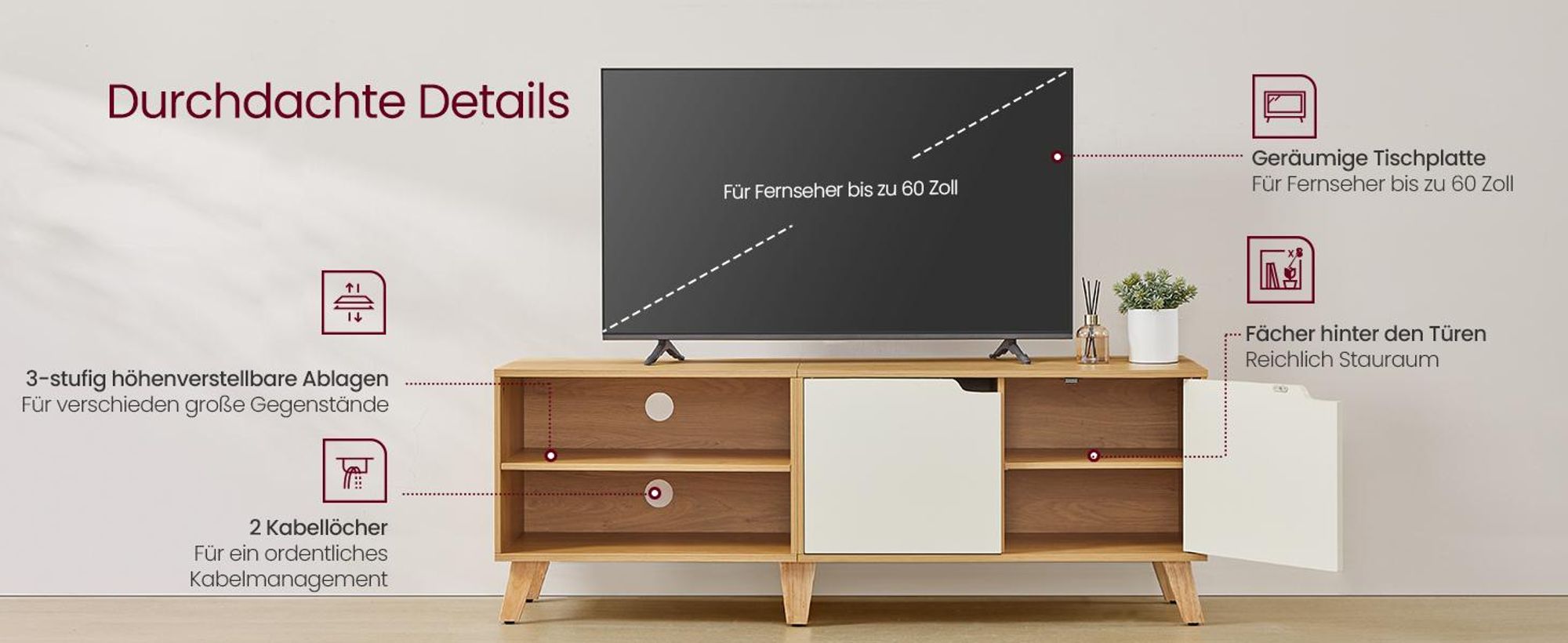 VASAGLE Lowboard TV-Schrank, Lange 140cm, für Fernseher bis zu 65 Zoll