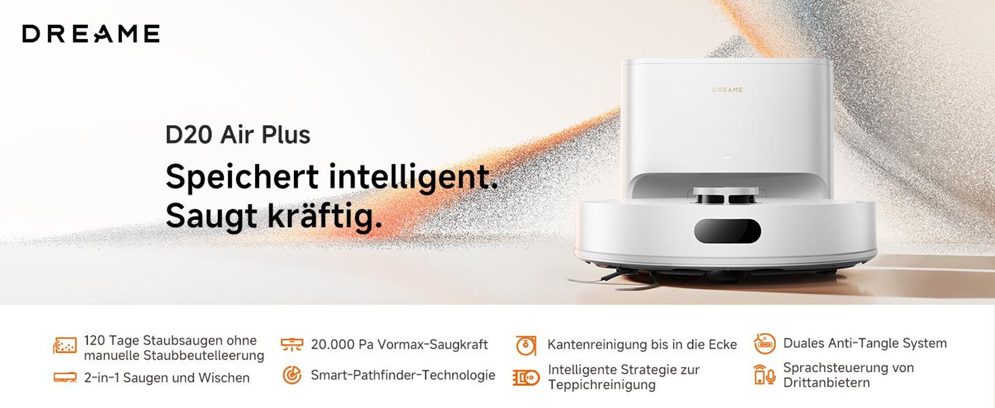 Dreame D20 Air Plus Saug- und Wischroboter mit 20.000Pa Saugkraft,Verwicklungsschutz,selbstentleerendem Dock,Teppich-Tiefenreinigung,Smart-Navigation