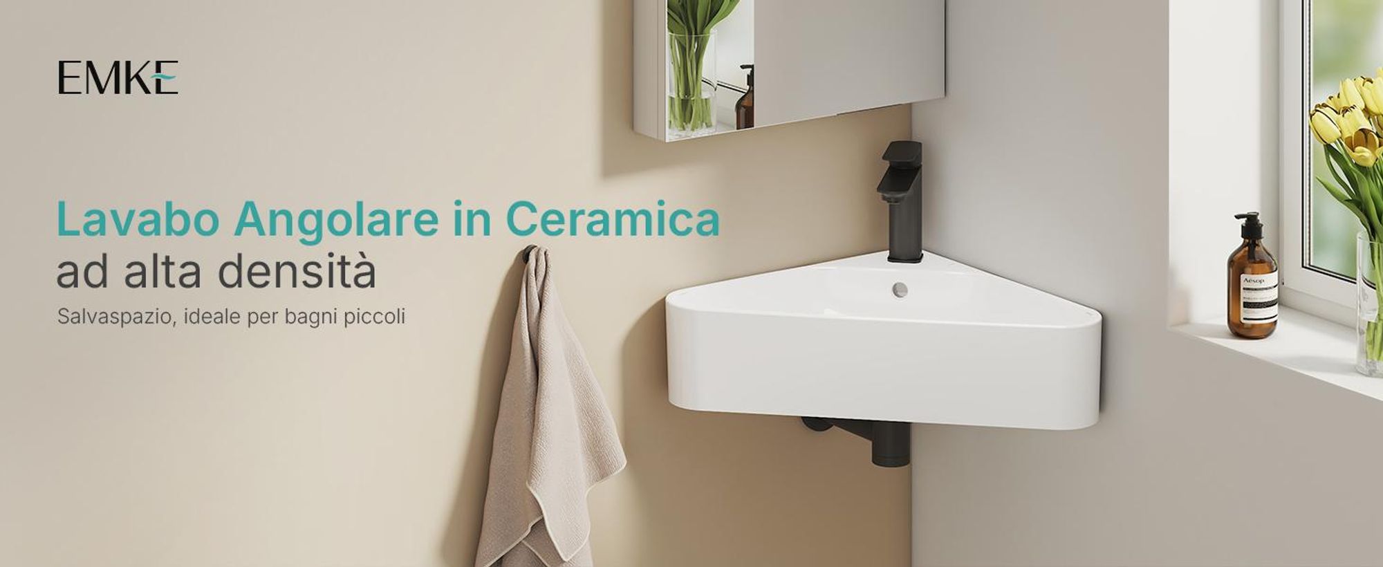 EMKE Lavabo angolare a parete in ceramica 560x340 mm Bianco lucido Lavabo triangolare a parete con troppopieno e foro per rubinetto per WC ospiti e bagni piccoli