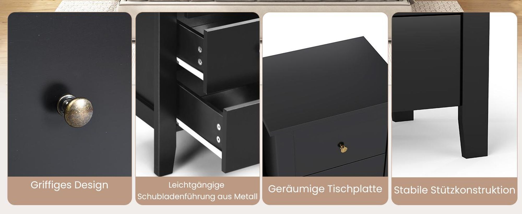 COSTWAY 2er Set Nachttisch mit 3 Schubladen, Nachtschrank für Boxspringbett, Beistelltisch, Nachtkommode für Wohnzimmer Schlafzimmer, Schwarz, 46 x 37 x 65 cm