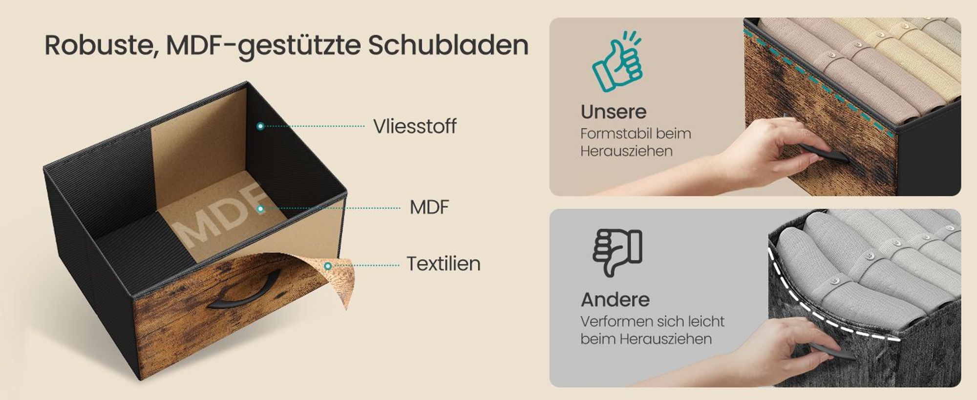 SONGMICS Kommode mit LED-Beleuchtung, Sideboard, Schubladenschrank für Wohnzimmer, mit Ladestation, 5 Schubladen, braun-schwarz