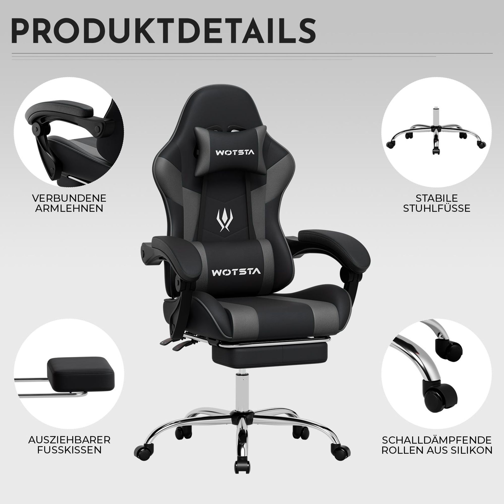 Gaming‑Stuhl Produktdetails: Armlehnen, Fußstütze, Stuhlfuß und Rollen