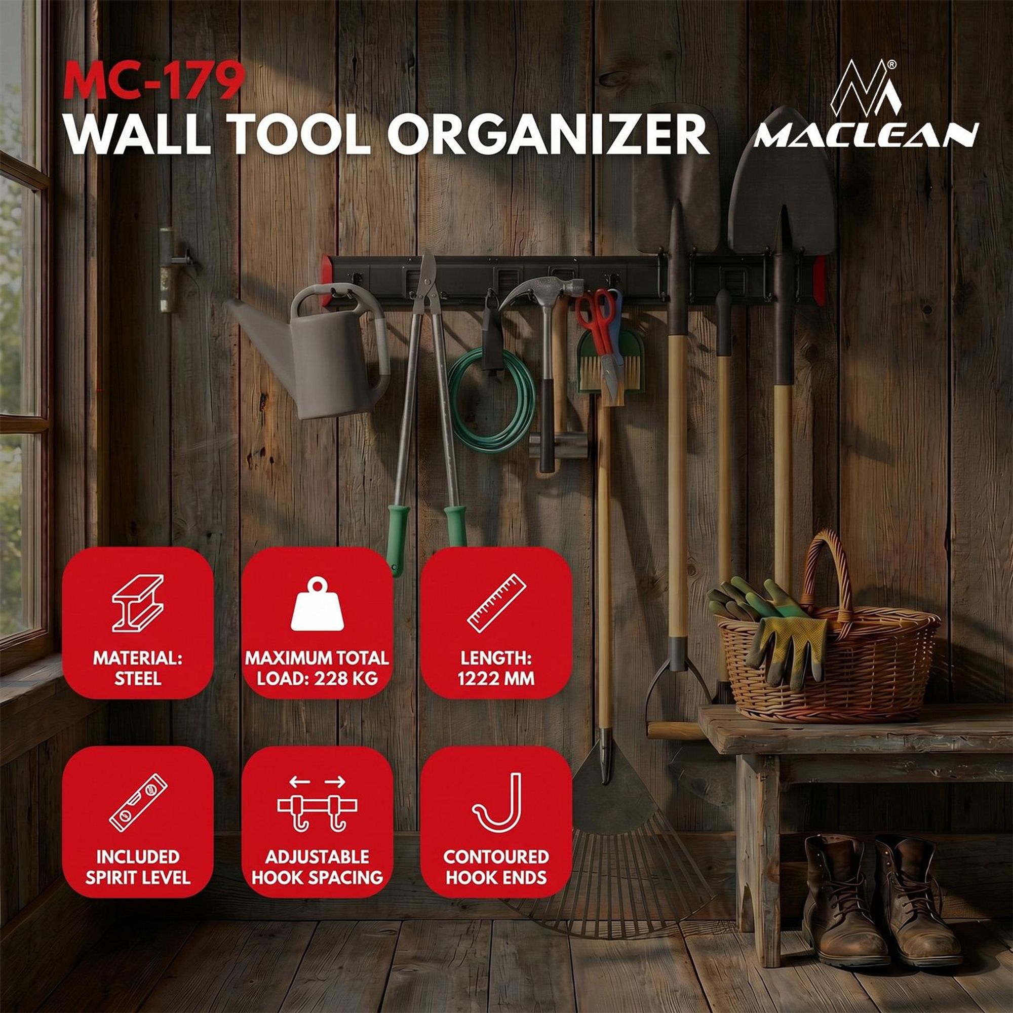 Maclean Wand-Werkzeughalter aus Stahl max. Tragkraft 228 kg Breite 1222 mm MC-179