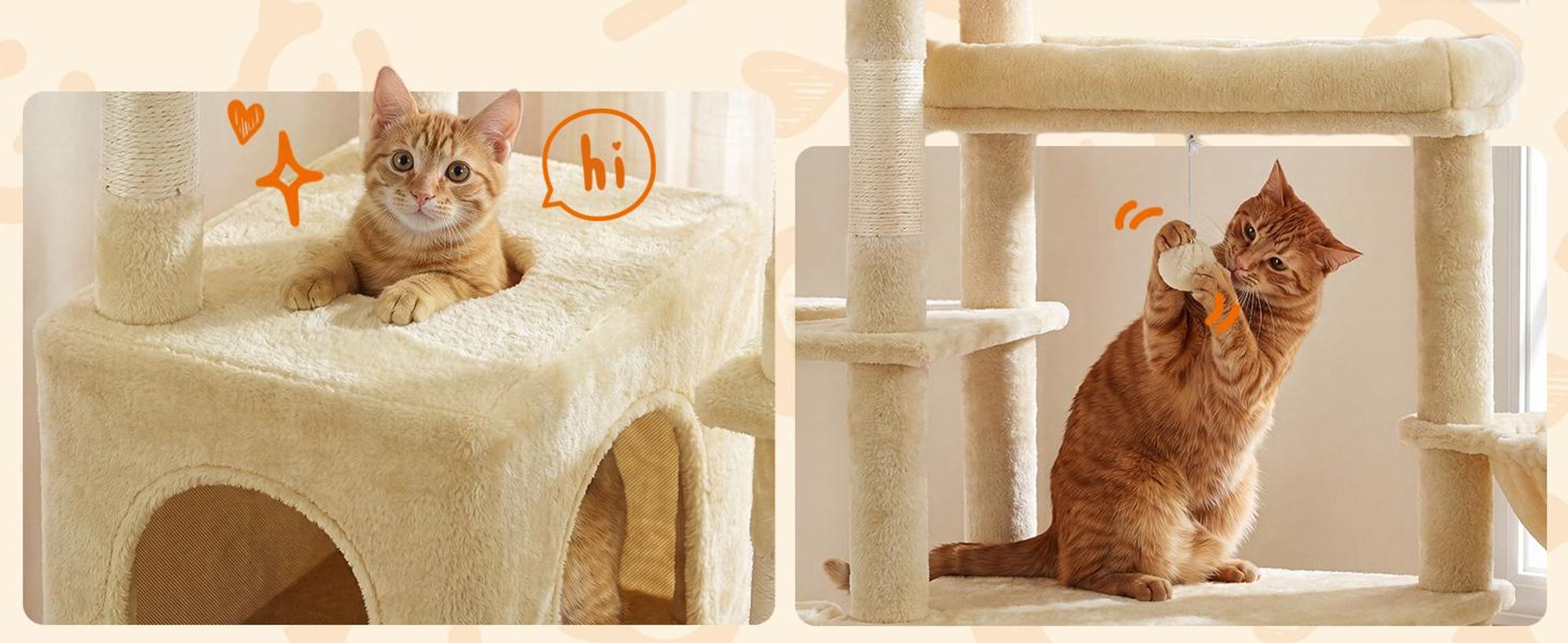 FEANDREA Kratzbaum für Große Katzen, Stabil mit 6 Ruhebereichen und Sisalstämmen, 105 x 45 x 188 cm, Beige