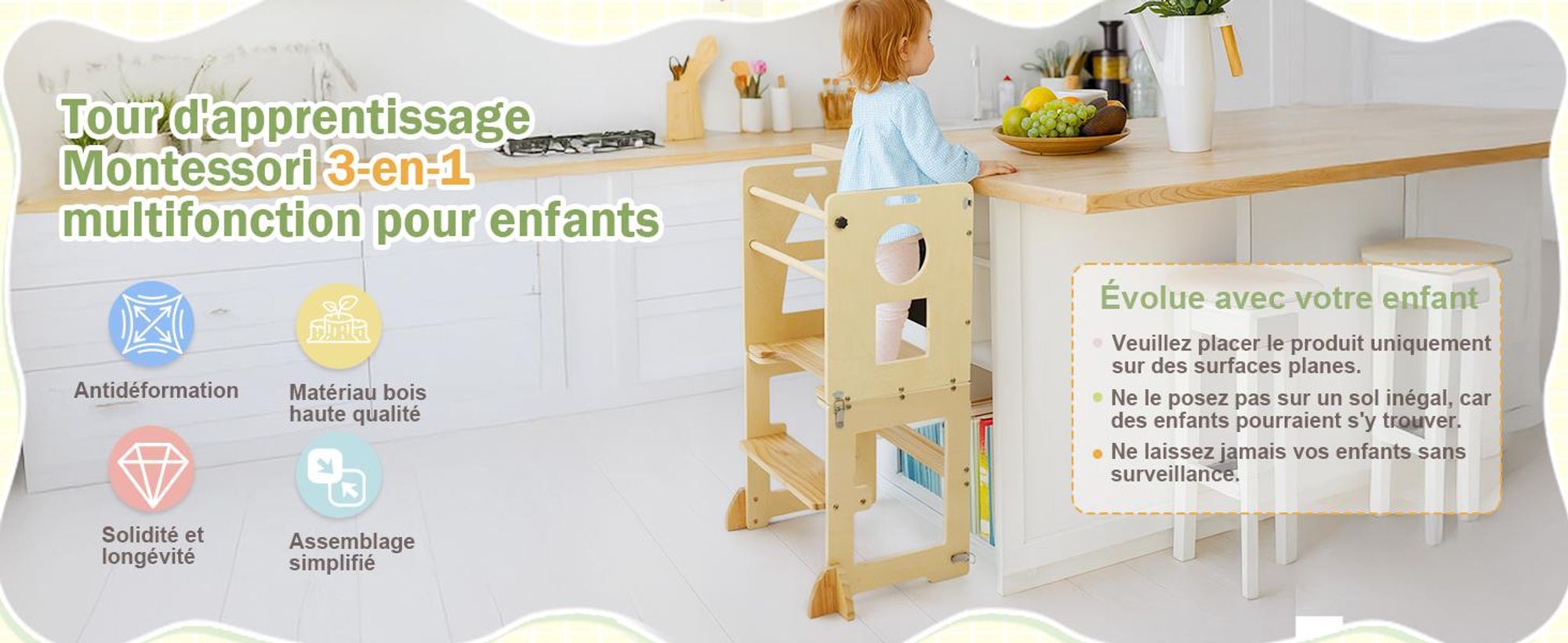 FCH Lernturm Für Kinder, Montessori Lernturm,  45 × 35 × 88cm, Fichtenholz + Mehrschichtplatte, Holzfarbe